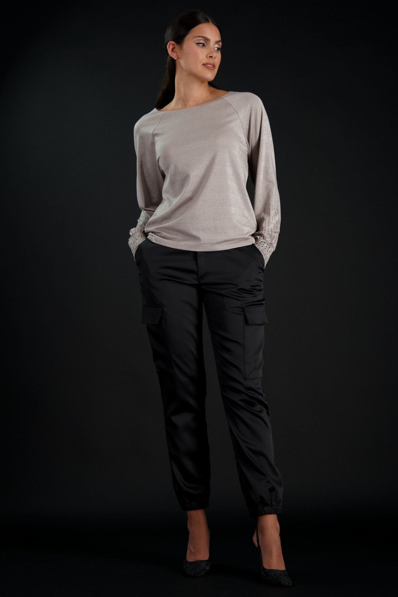 Monari 807670 Beige Glitter Top With Rhinestone Detail - Dotique Chesterfield