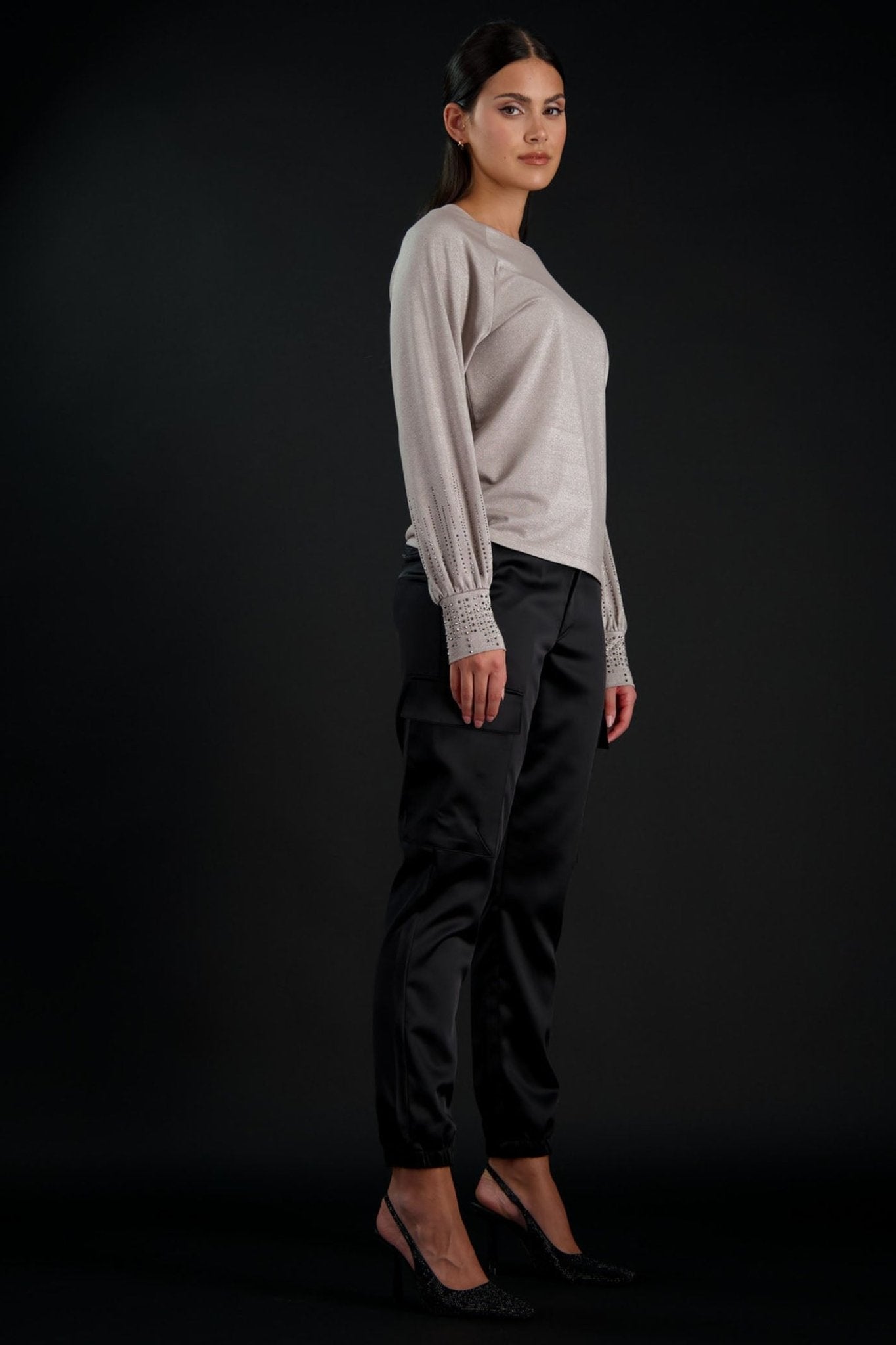 Monari 807670 Beige Glitter Top With Rhinestone Detail - Dotique Chesterfield