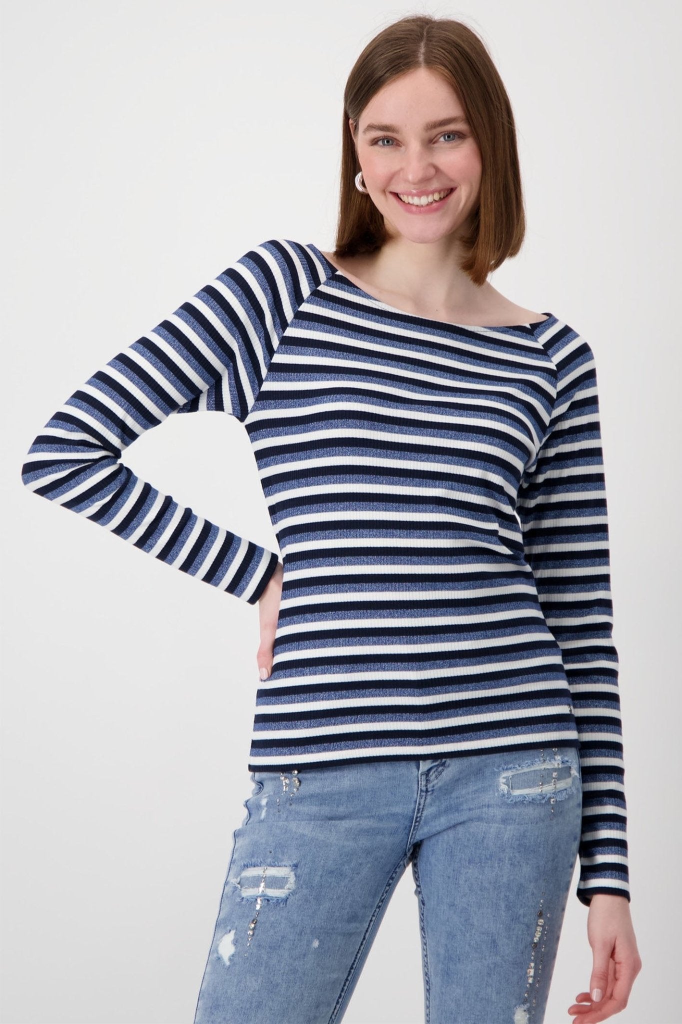 Monari 808147 Moonlight Blue Striped Basic Round Neck T-Shirt - Dotique - Monari