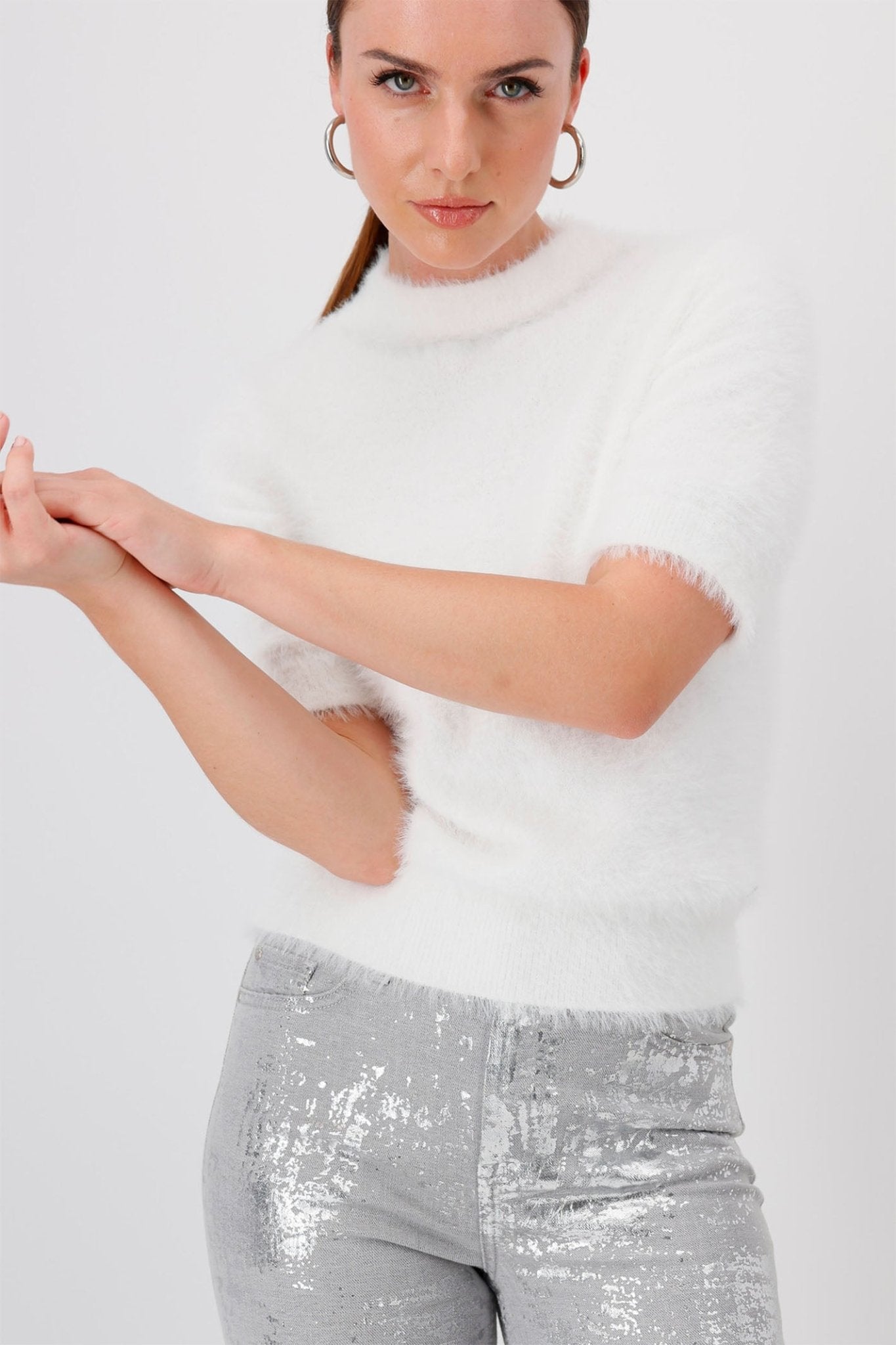 Monari 808302 Off White Stand-Up Collar 1/2 Sleeve Jumper - Dotique