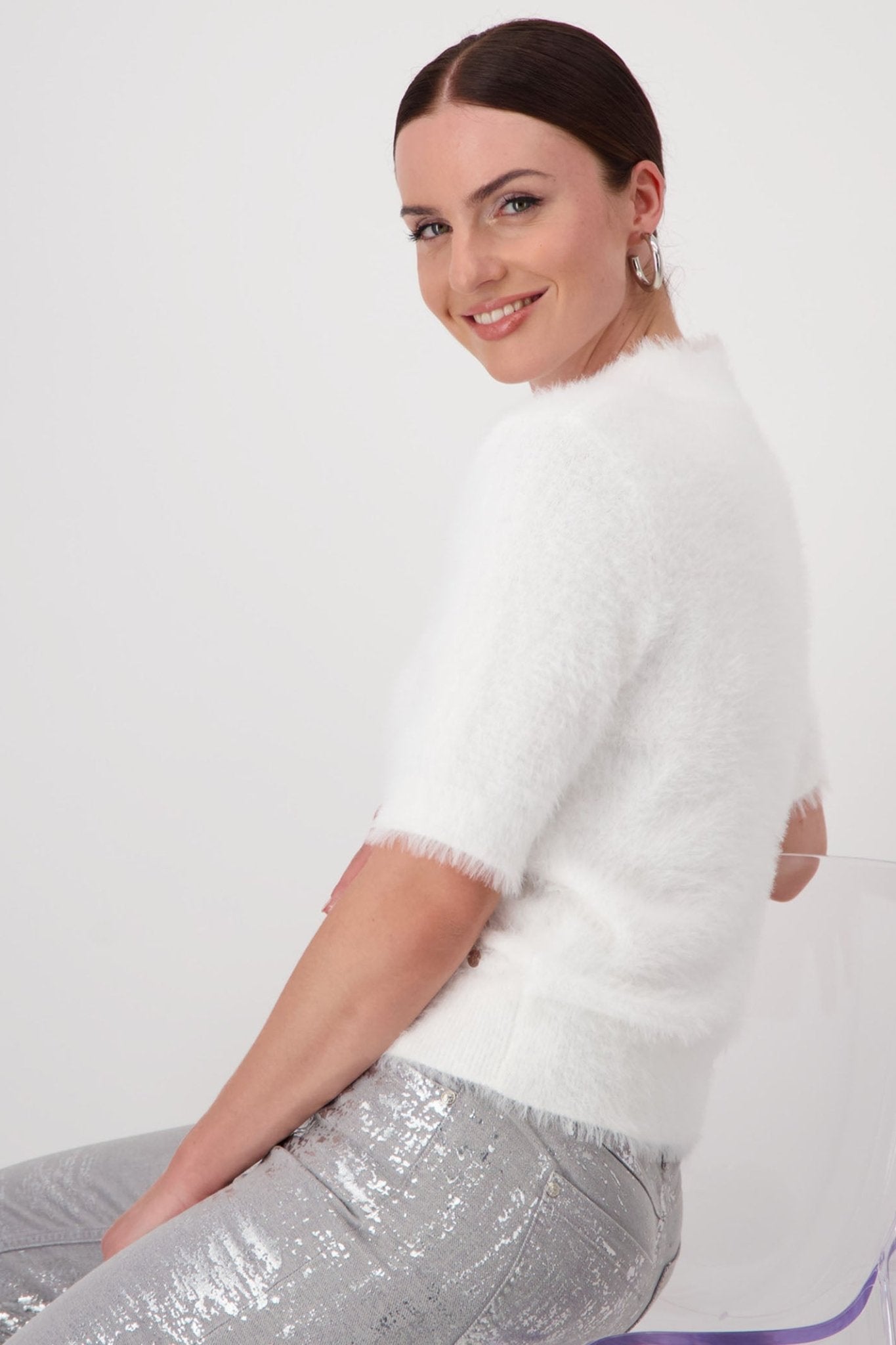 Monari 808302 Off White Stand-Up Collar 1/2 Sleeve Jumper - Dotique