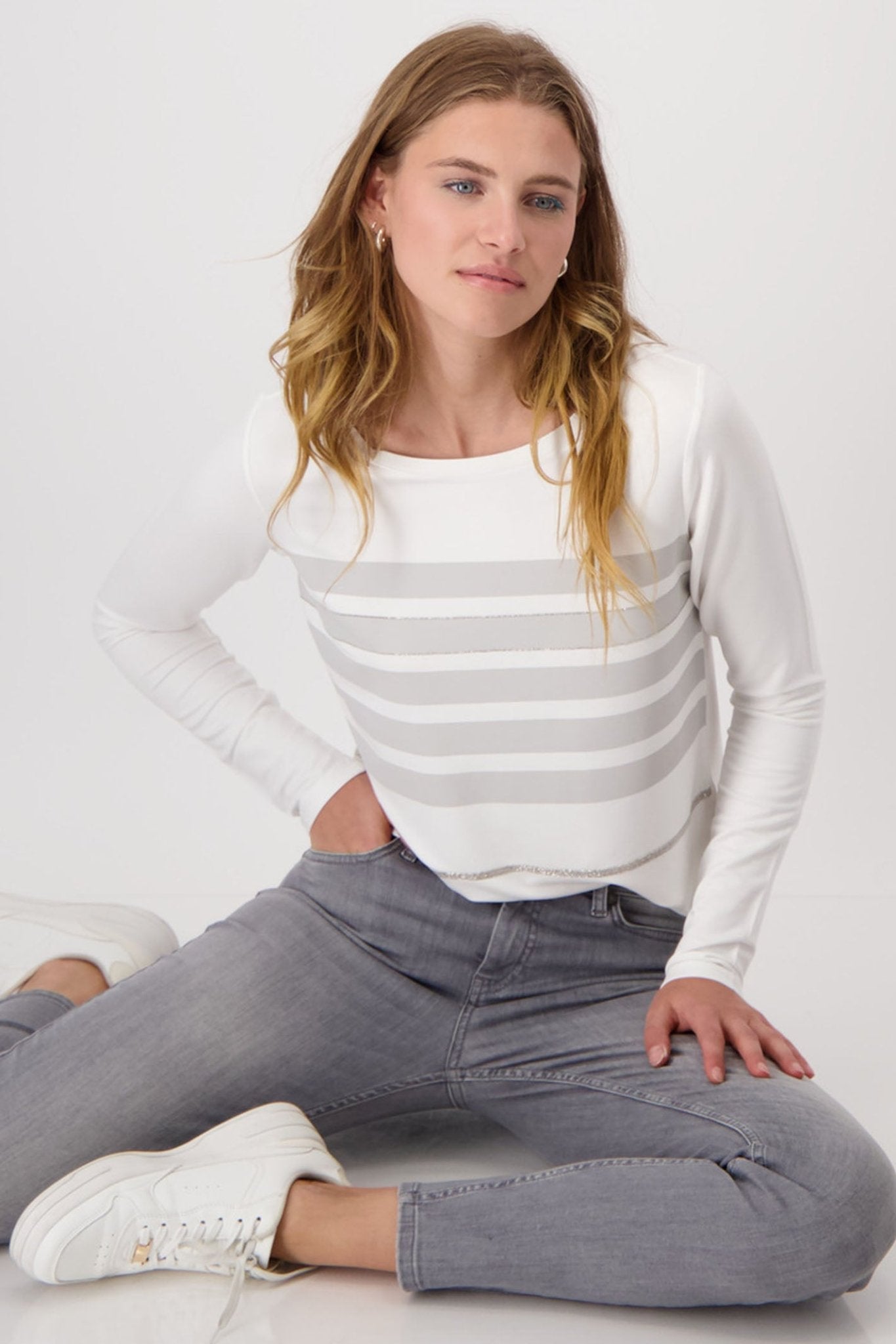 Monari 808527 Off-White Grey Stripe Long Sleeve T-Shirt - Dotique