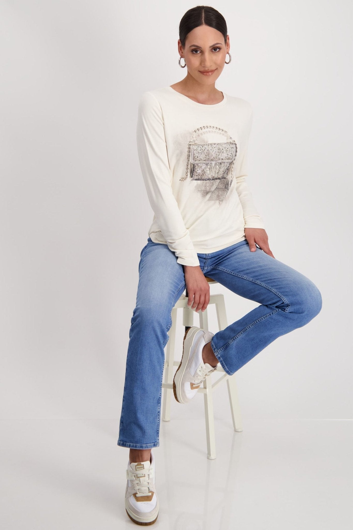 Monari 808535 Chalk Long Sleeve Round Neck T-Shirt Hand Bag Motif - Dotique