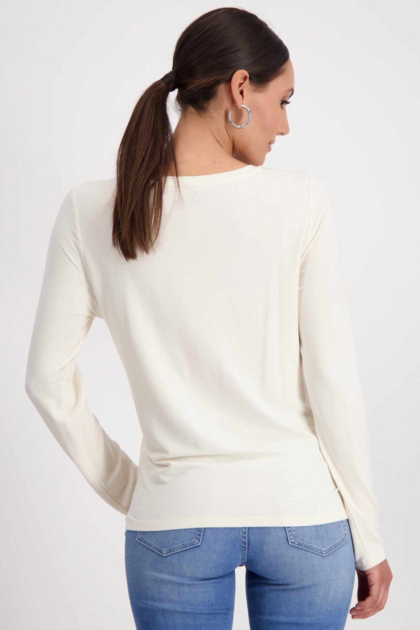 Monari 808535 Chalk Long Sleeve Round Neck T-Shirt Hand Bag Motif - Dotique