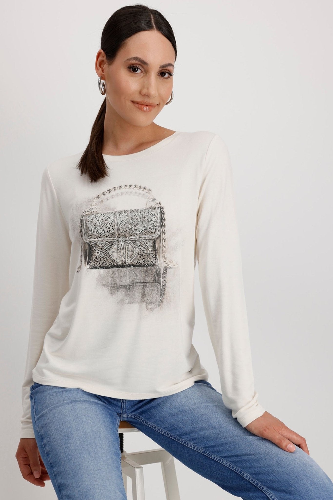 Monari 808535 Chalk Long Sleeve Round Neck T-Shirt Hand Bag Motif - Dotique
