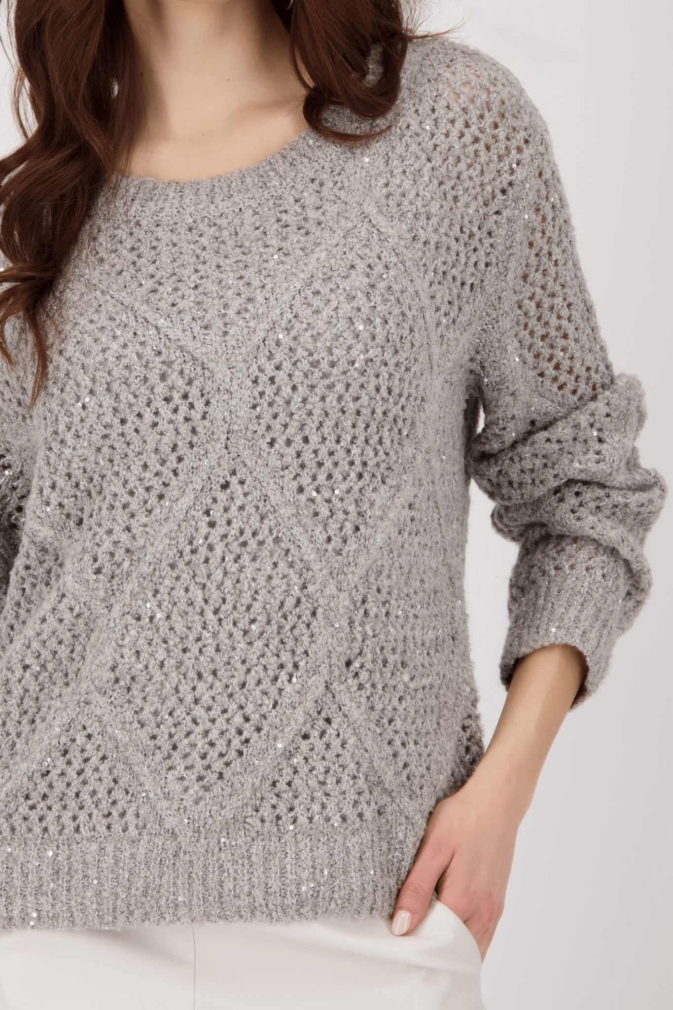 Monari 808977 Sequin Ajour Knit Jumper – Greige - Dotique - Monari