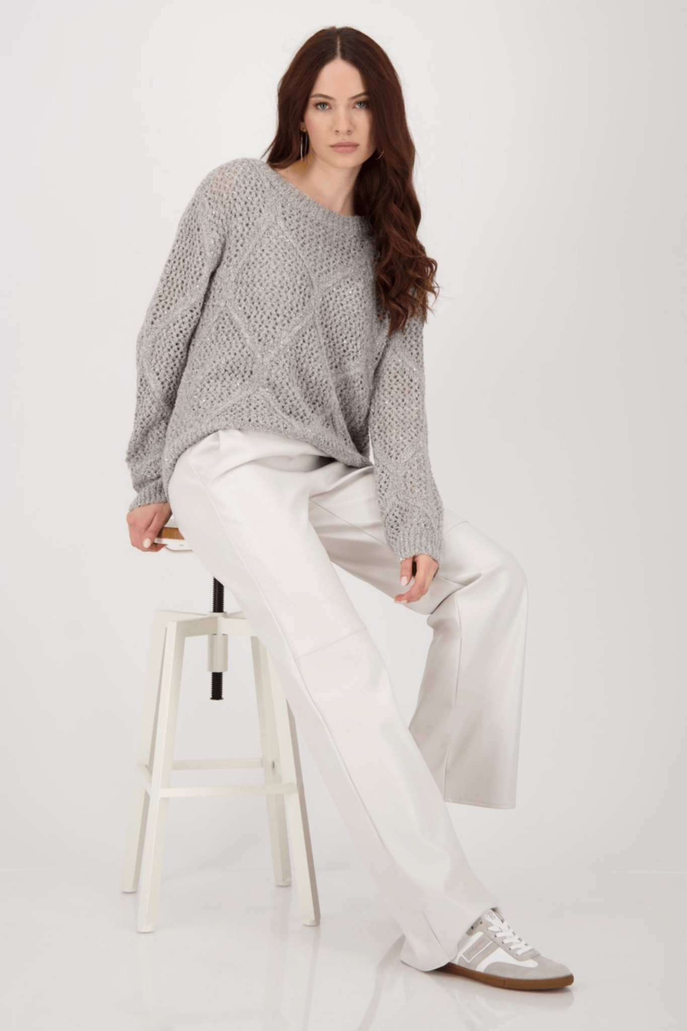 Monari 808977 Sequin Ajour Knit Jumper – Greige - Dotique - Monari