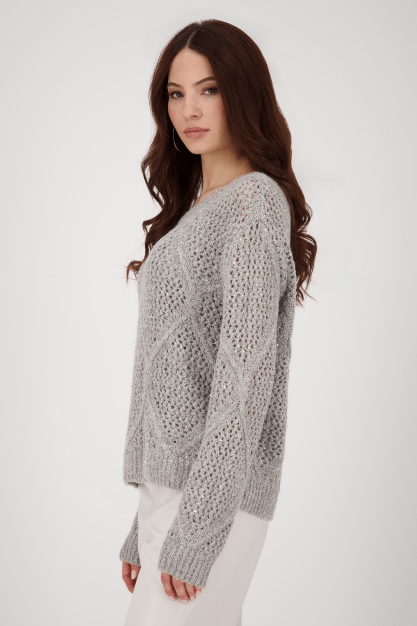 Monari 808977 Sequin Ajour Knit Jumper – Greige - Dotique - Monari