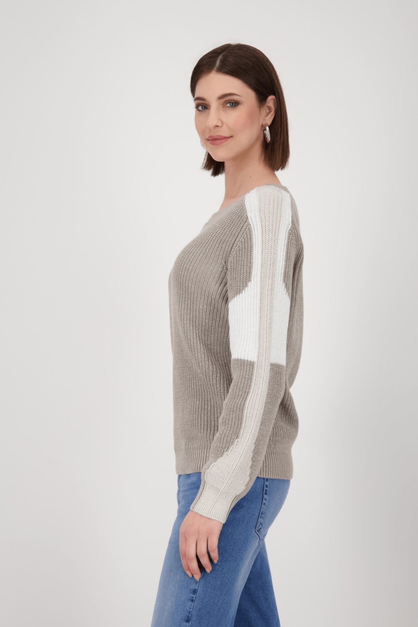 Monari 809060 Greige Colourblock Fisherman Knit Jumper - Dotique - Monari