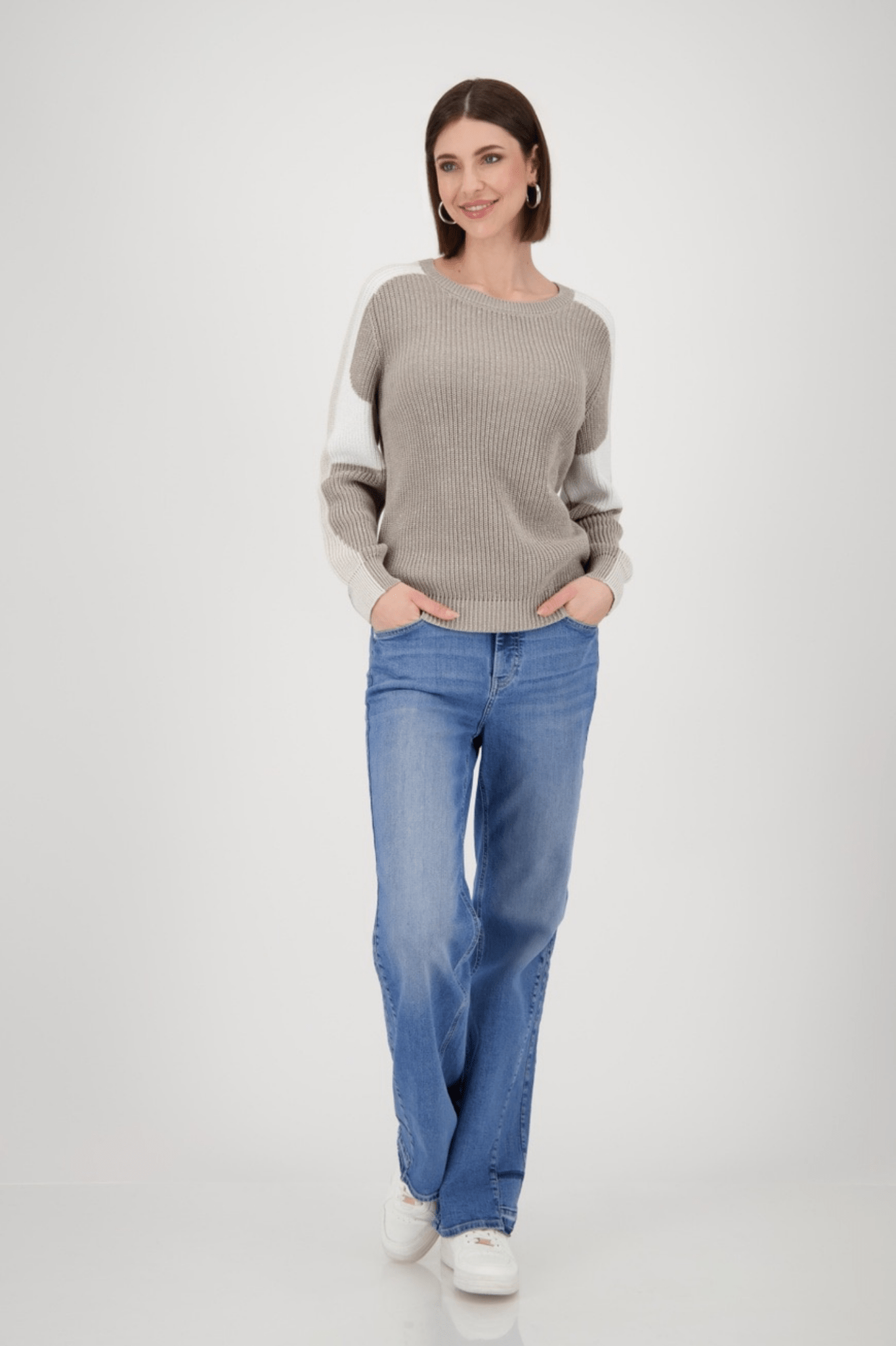 Monari 809060 Greige Colourblock Fisherman Knit Jumper - Dotique - Monari