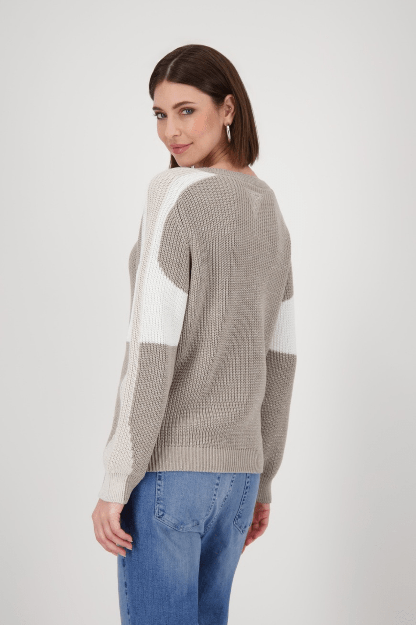 Monari 809060 Greige Colourblock Fisherman Knit Jumper - Dotique - Monari