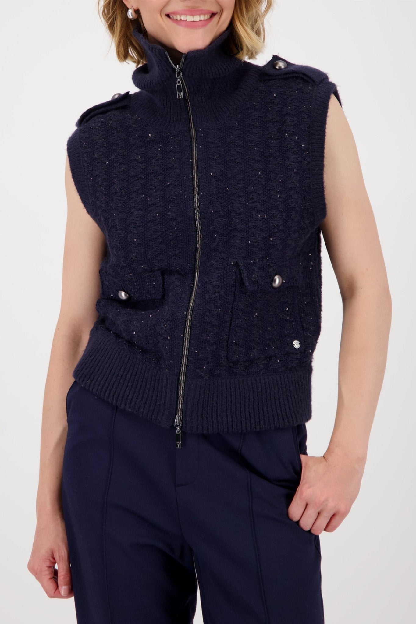 Monari 809107 Night Sky Navy Tweed Knit Gilet - Dotique - Monari
