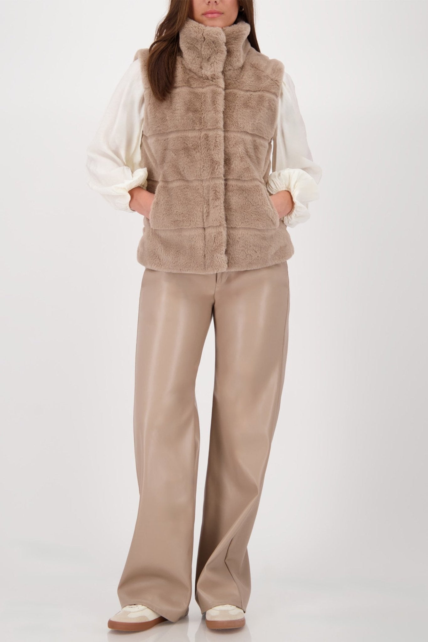 Monari 809140 Truffle Taupe Faux Fur Waistcoat Gilet - Dotique - Monari