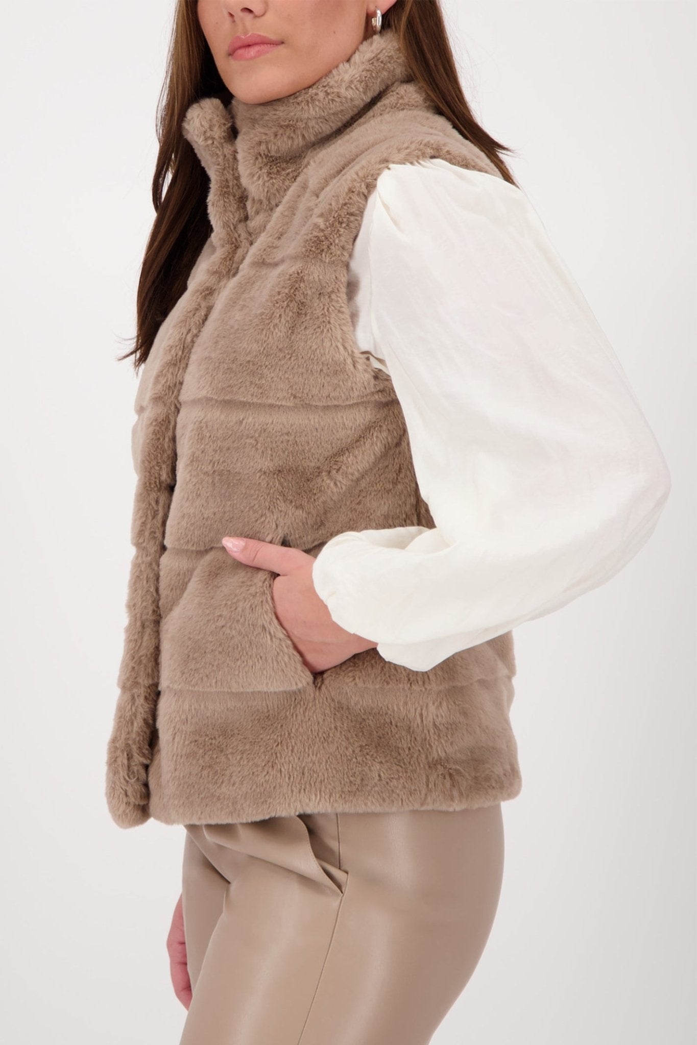 Monari 809140 Truffle Taupe Faux Fur Waistcoat Gilet - Dotique - Monari