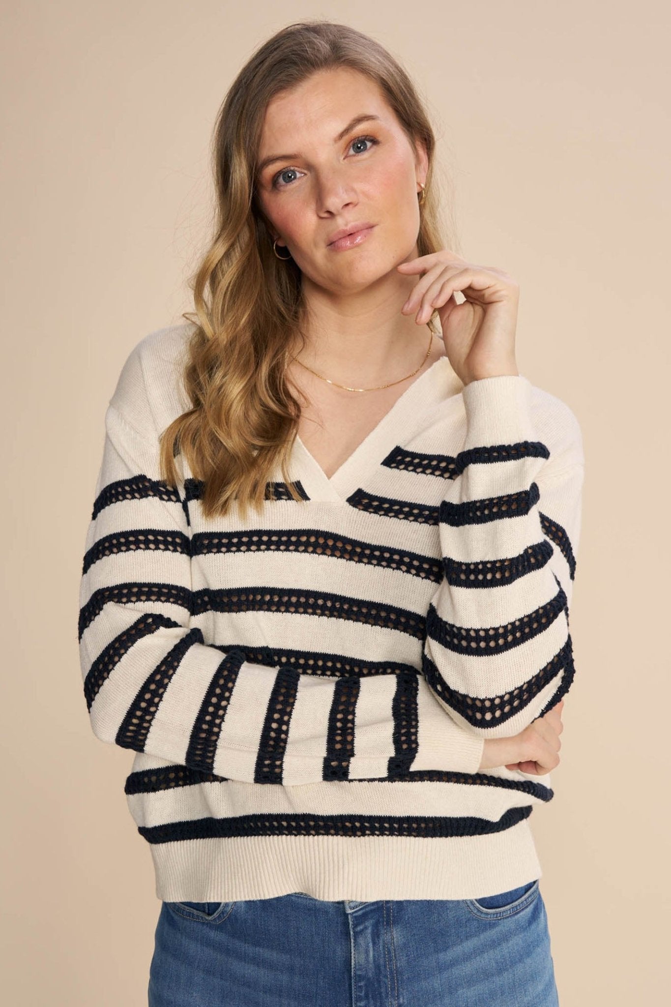Mos Mosh 158880 MMRora Ecru Cream Striped V-Neck Jumper - Dotique
