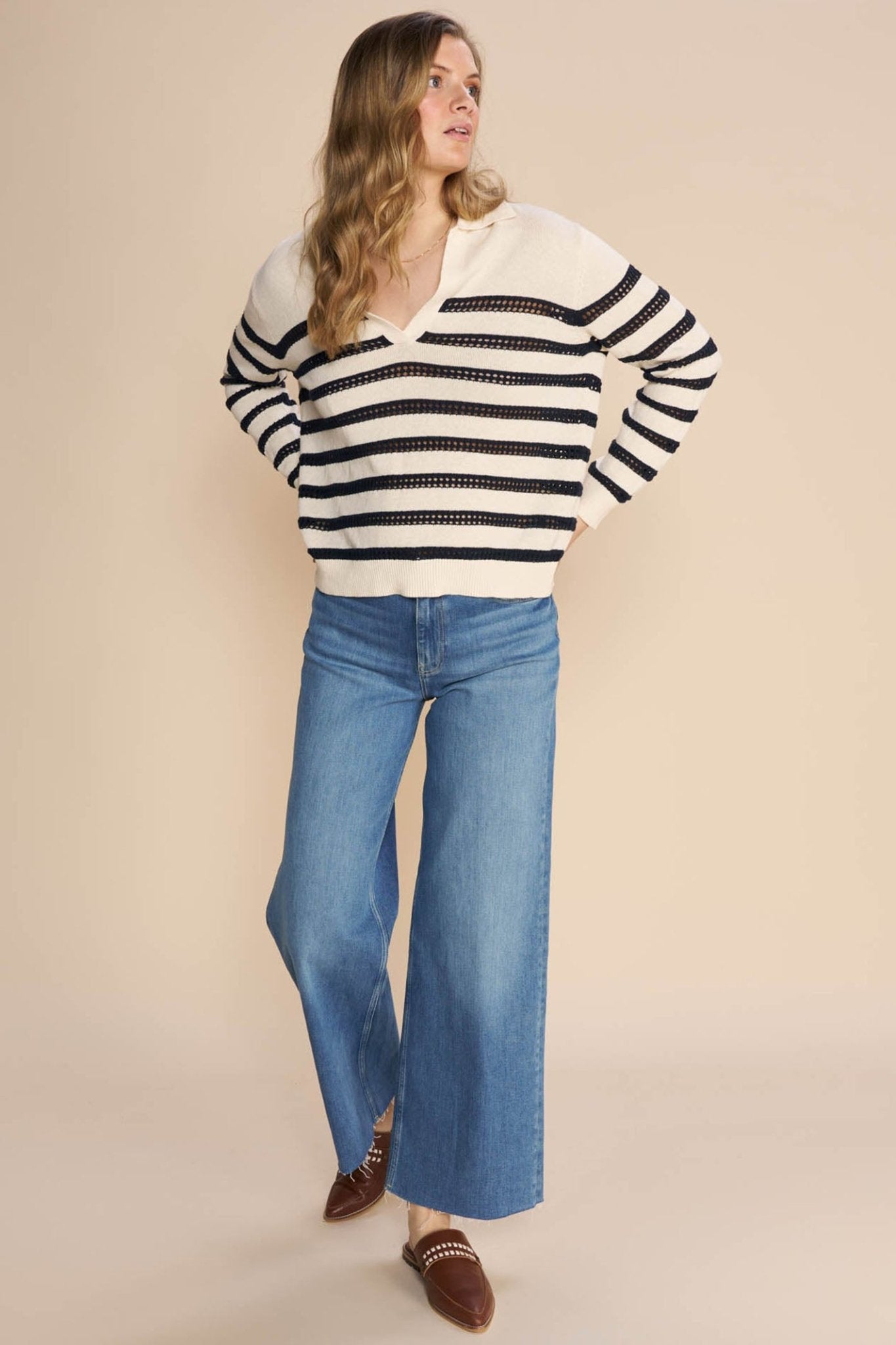 Mos Mosh 158880 MMRora Ecru Cream Striped V-Neck Jumper - Dotique