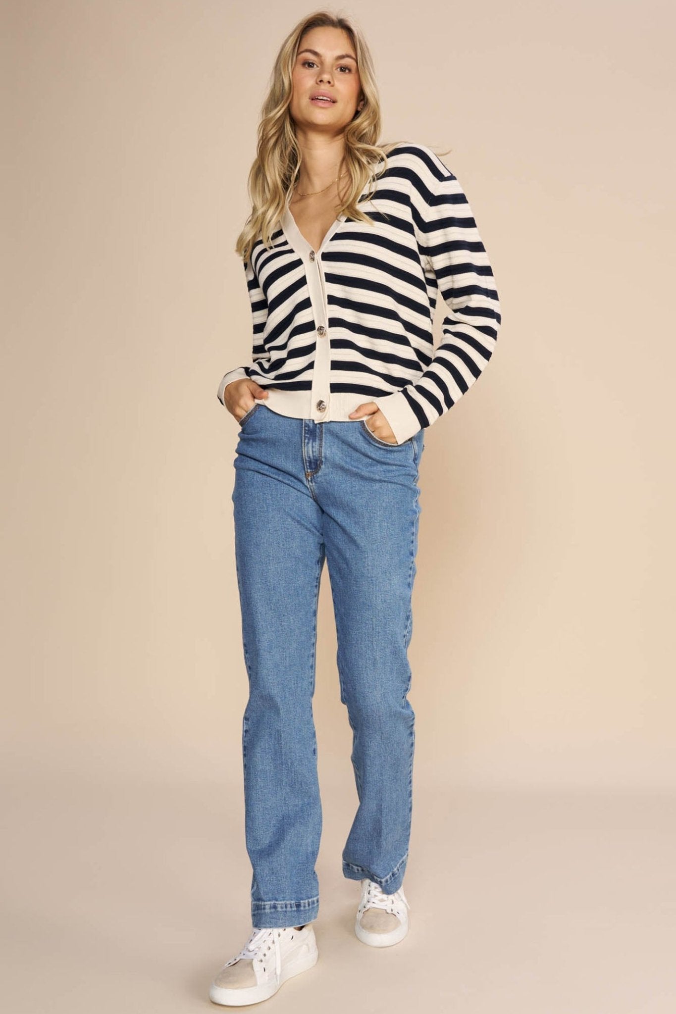 Mos Mosh 158890 MMKisana Ecru Cream Stripe Button Front Cardigan - Dotique