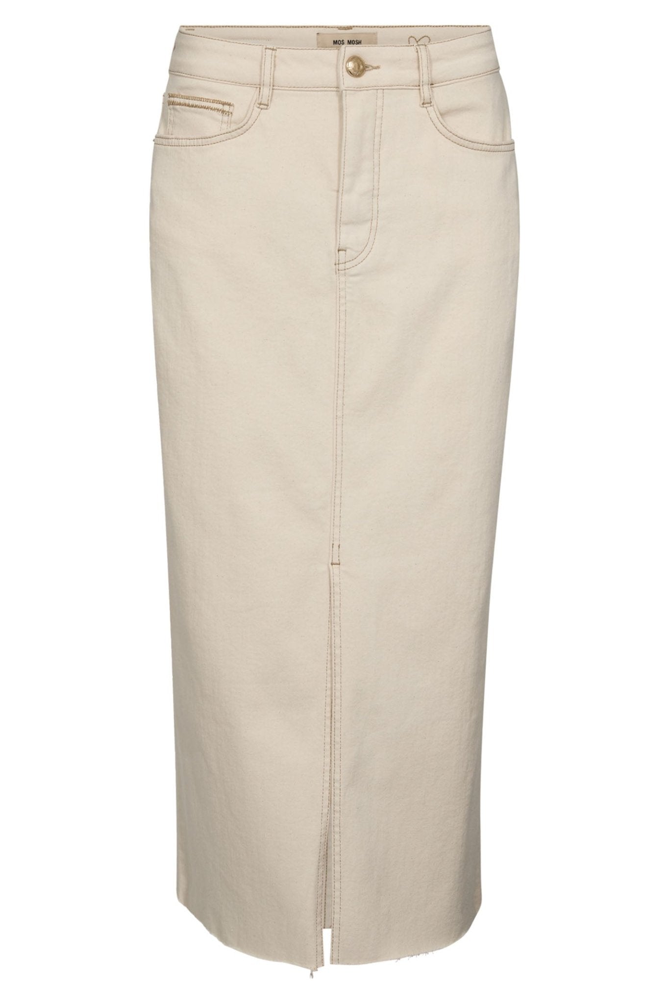 Mos Mosh 163580 MMMella Nature Taupe Front Split Midi Denim Skirt - Dotique