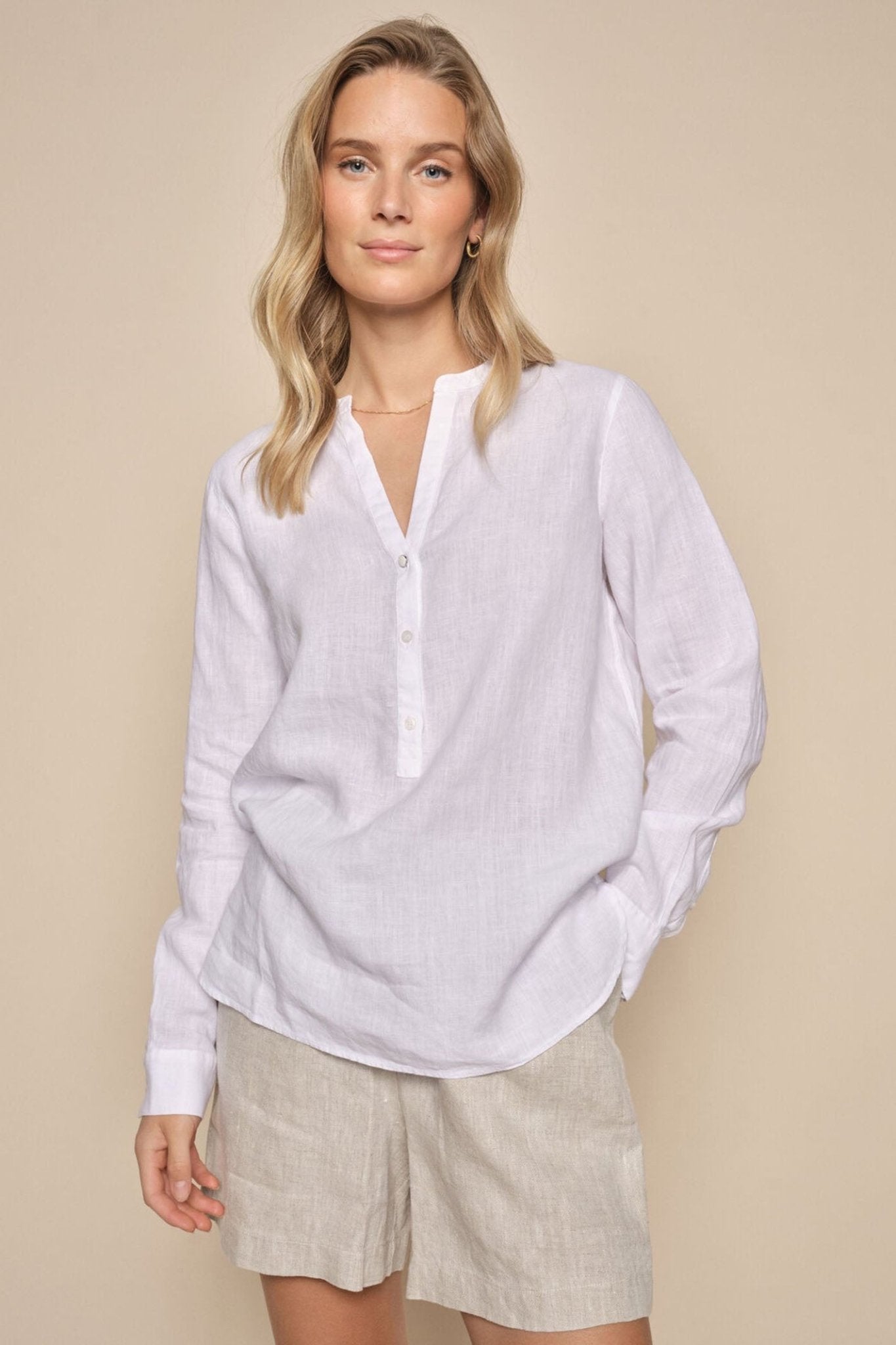 Mos Mosh 163720 MMDanna White Button Front Long Sleeve Linen Blouse - Dotique - Mos Mosh
