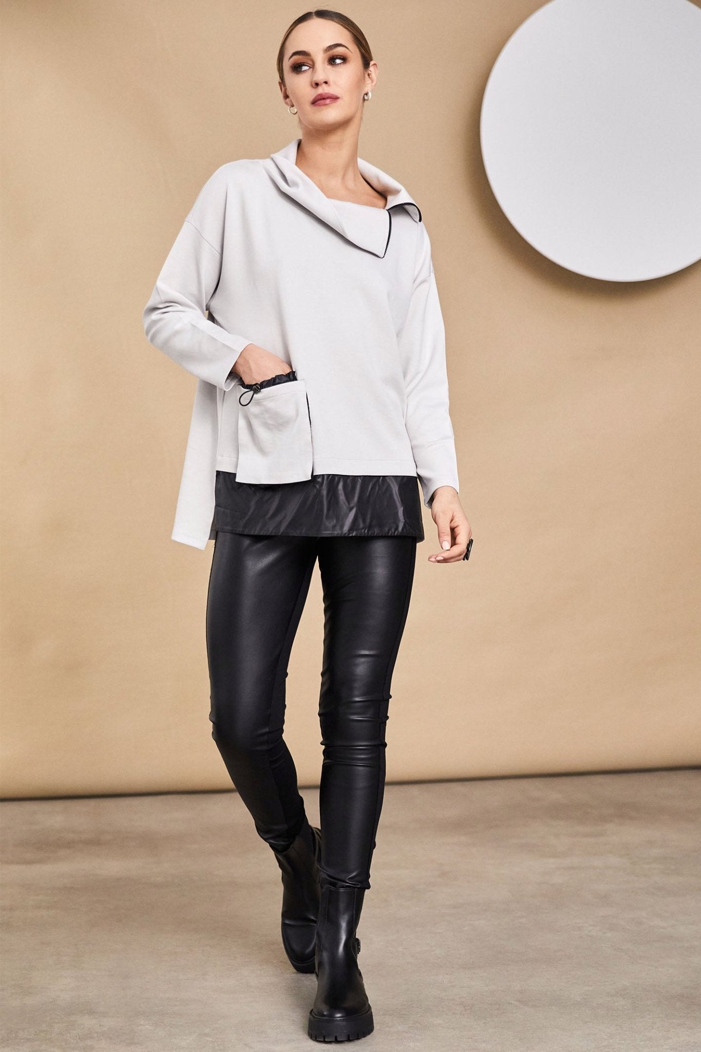 Naya 158 Sand Black High Neck Pocket & Contrast Hem Top - Dotique