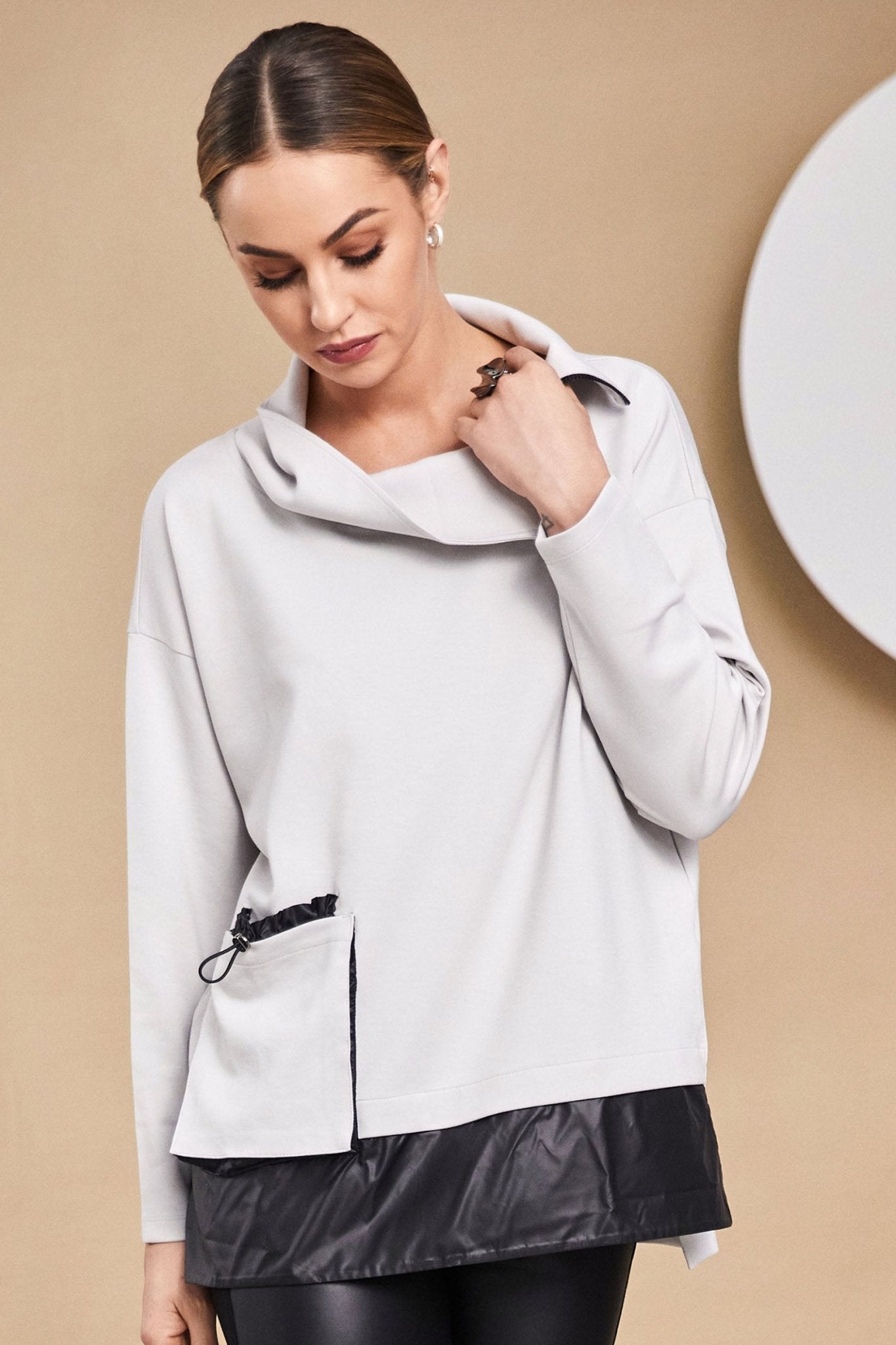 Naya 158 Sand Black High Neck Pocket & Contrast Hem Top - Dotique