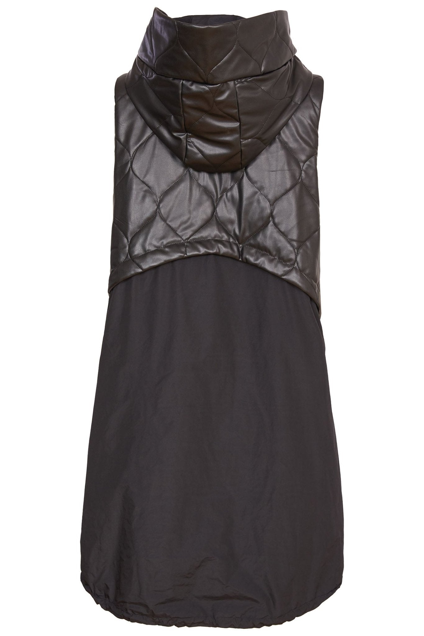 Naya 200 Black Long Hooded Gilet Quilt Leatherette Detailing - Dotique