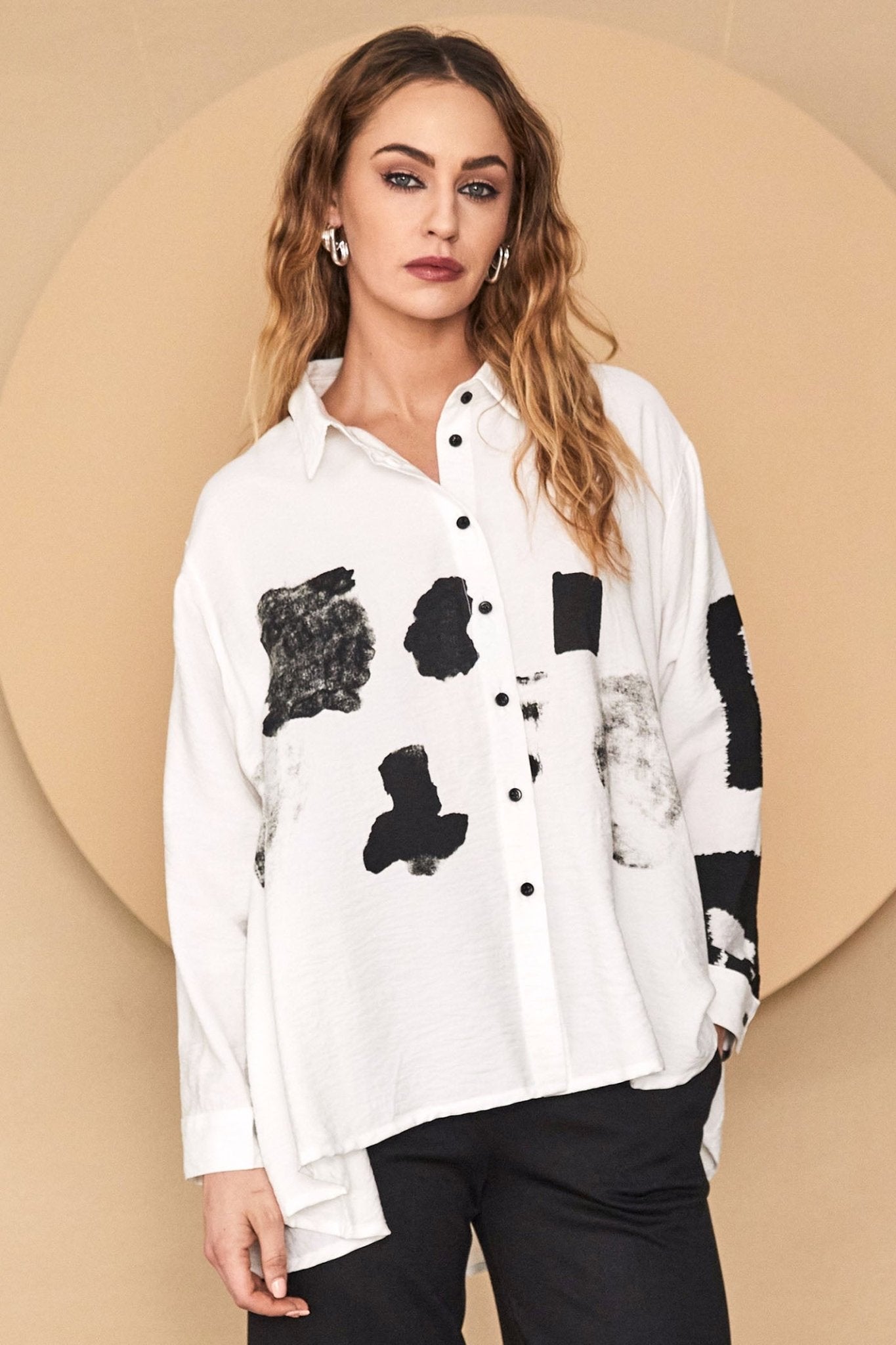 Naya 209 Off White Black Brushstroke Print Blouse - Dotique