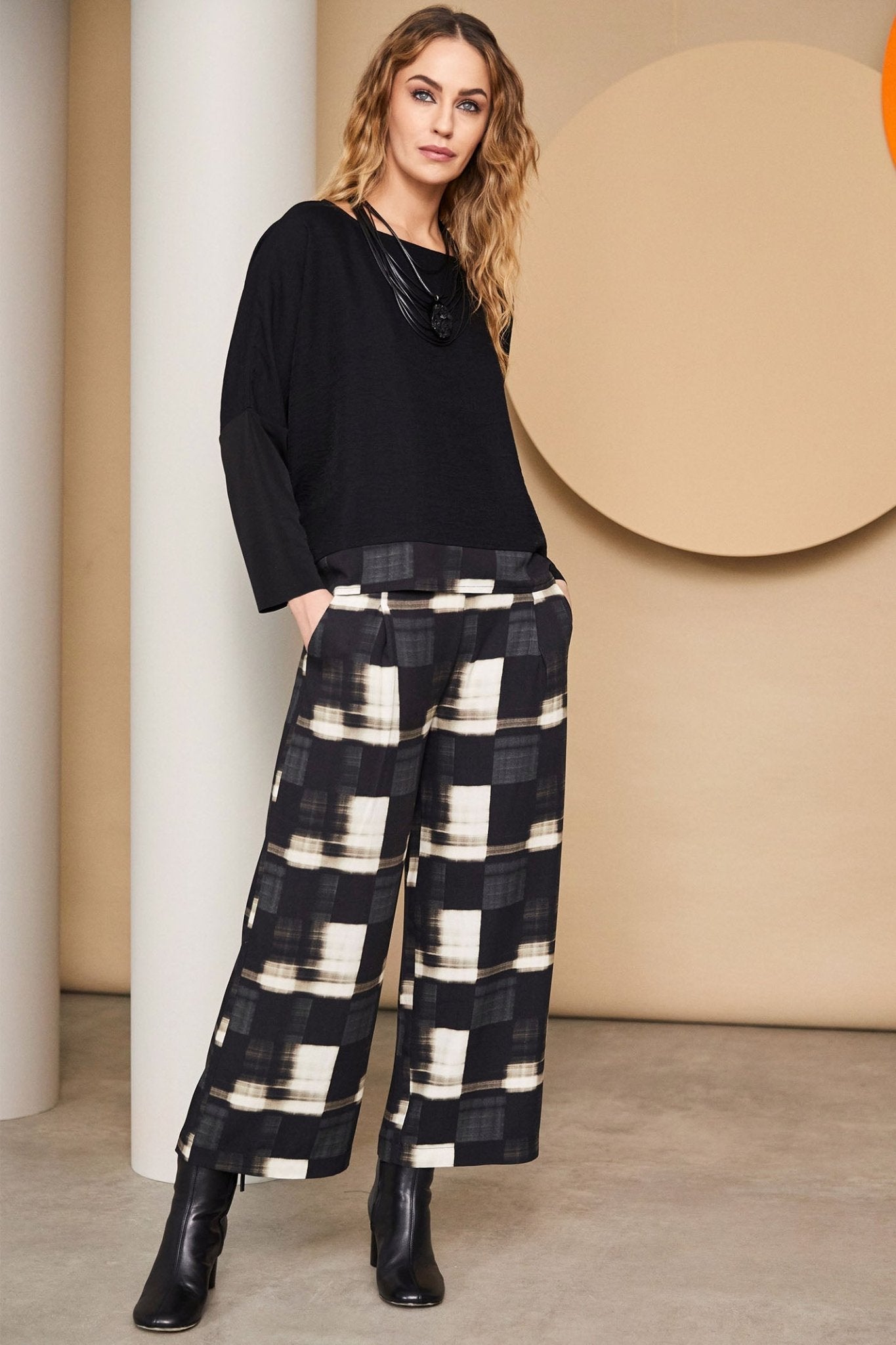 Naya 213 Black Butter Block Print Trouser - Dotique