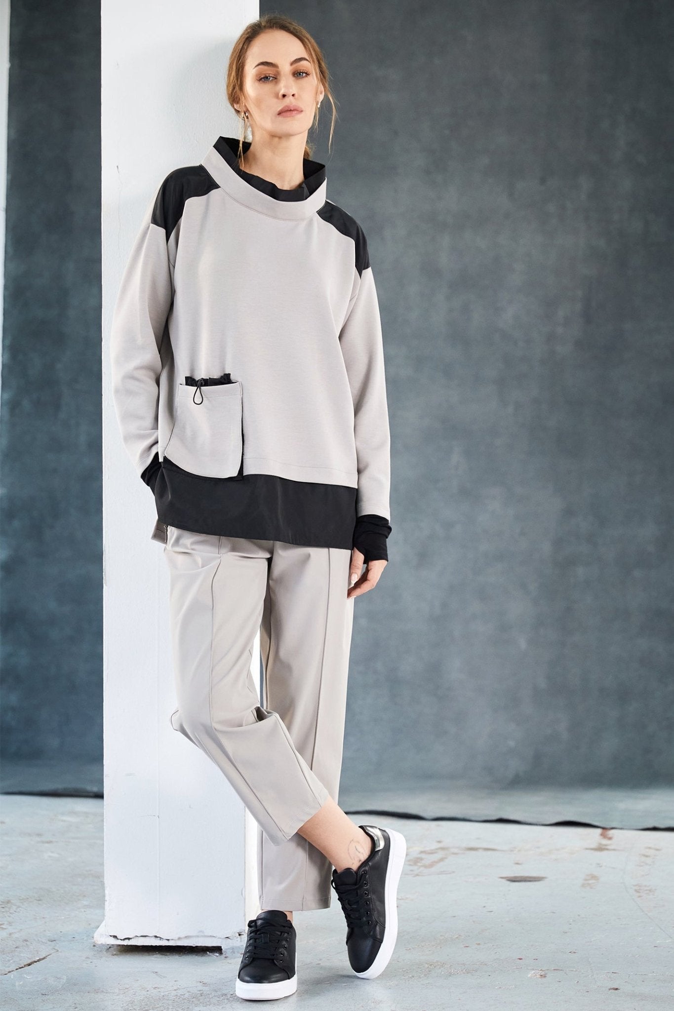 Naya NAW25127 Taupe Black Soft Sweatshirt with Contrast at Shoulder and Hem with Pocket Detail - Dotique - Naya