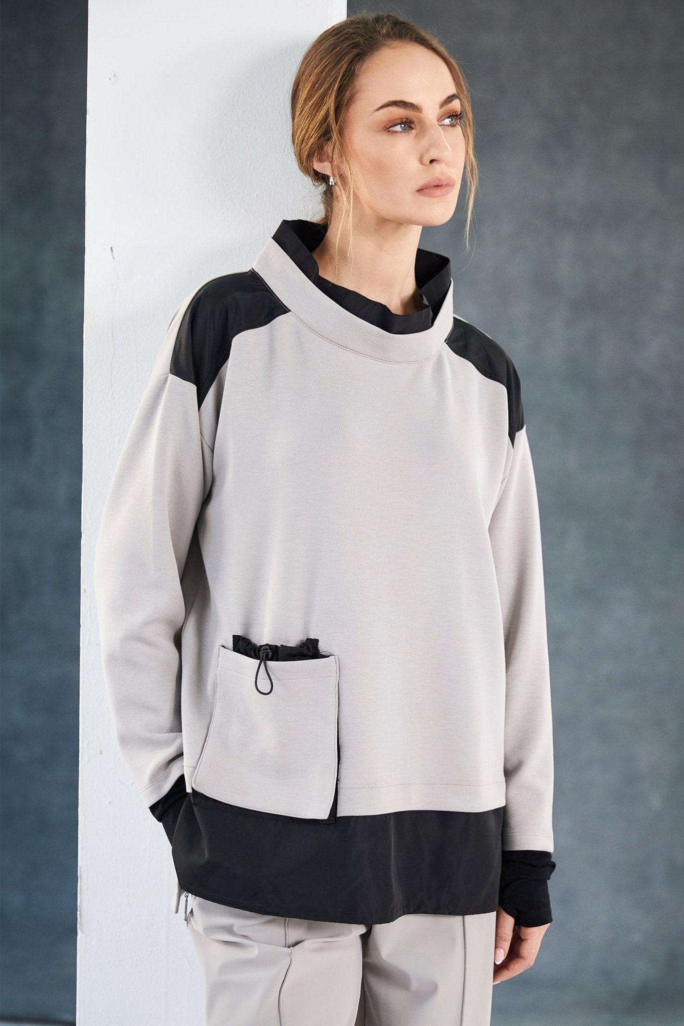 Naya NAW25127 Taupe Black Soft Sweatshirt with Contrast at Shoulder and Hem with Pocket Detail - Dotique - Naya