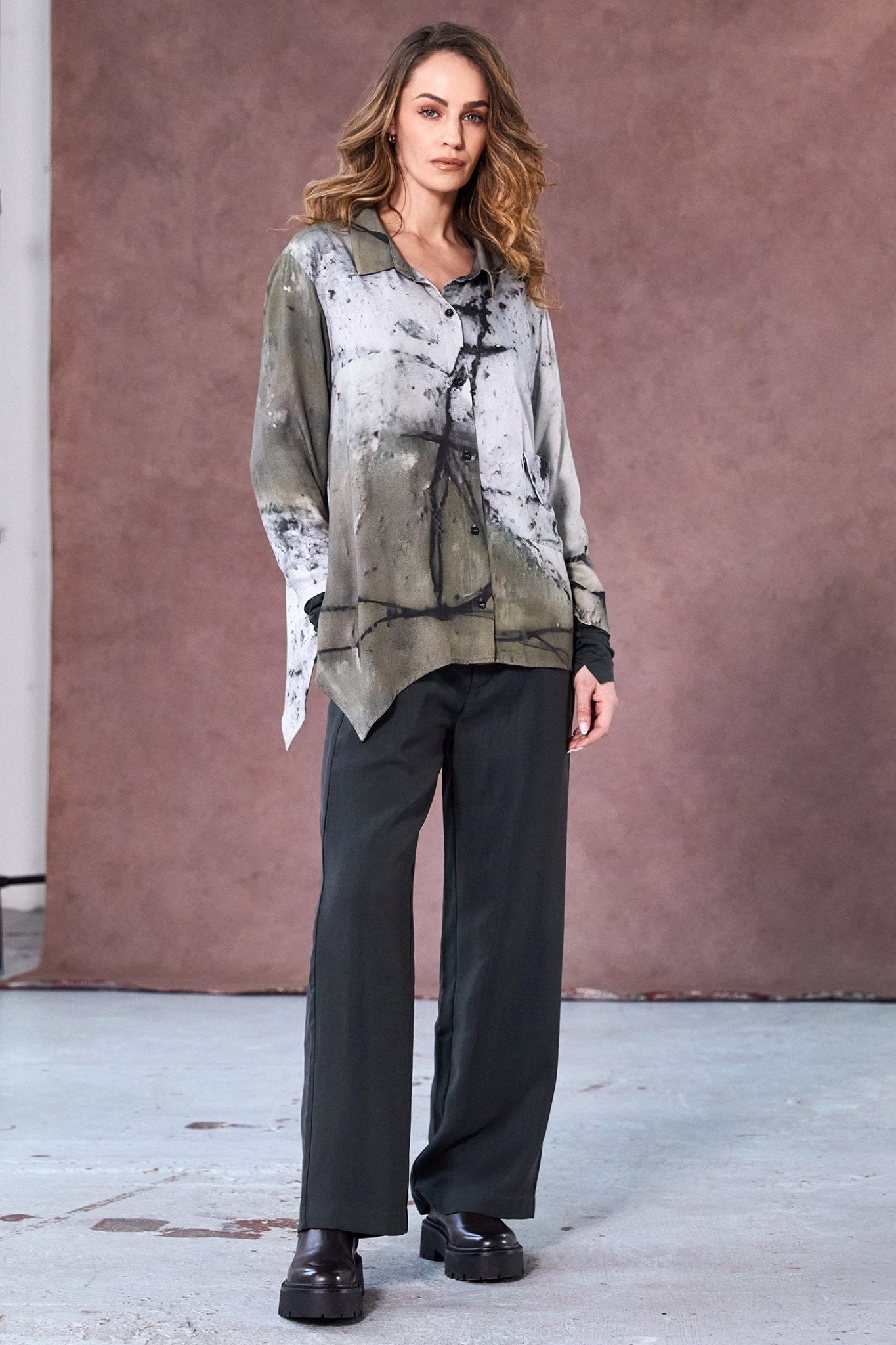 Naya NAW25165 Moss Green Abstract Two Tone Print Shirt with Pocket Detail - Dotique - Naya