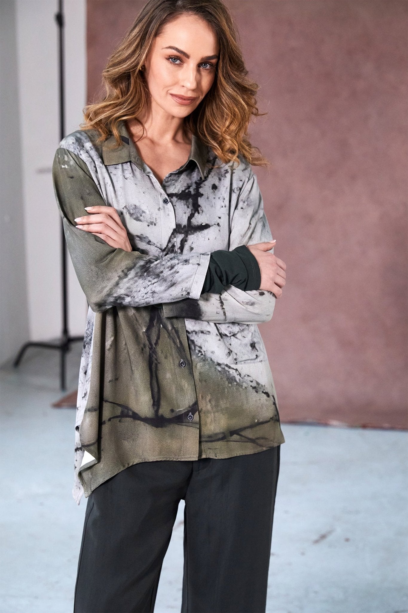 Naya NAW25165 Moss Green Abstract Two Tone Print Shirt with Pocket Detail - Dotique - Naya