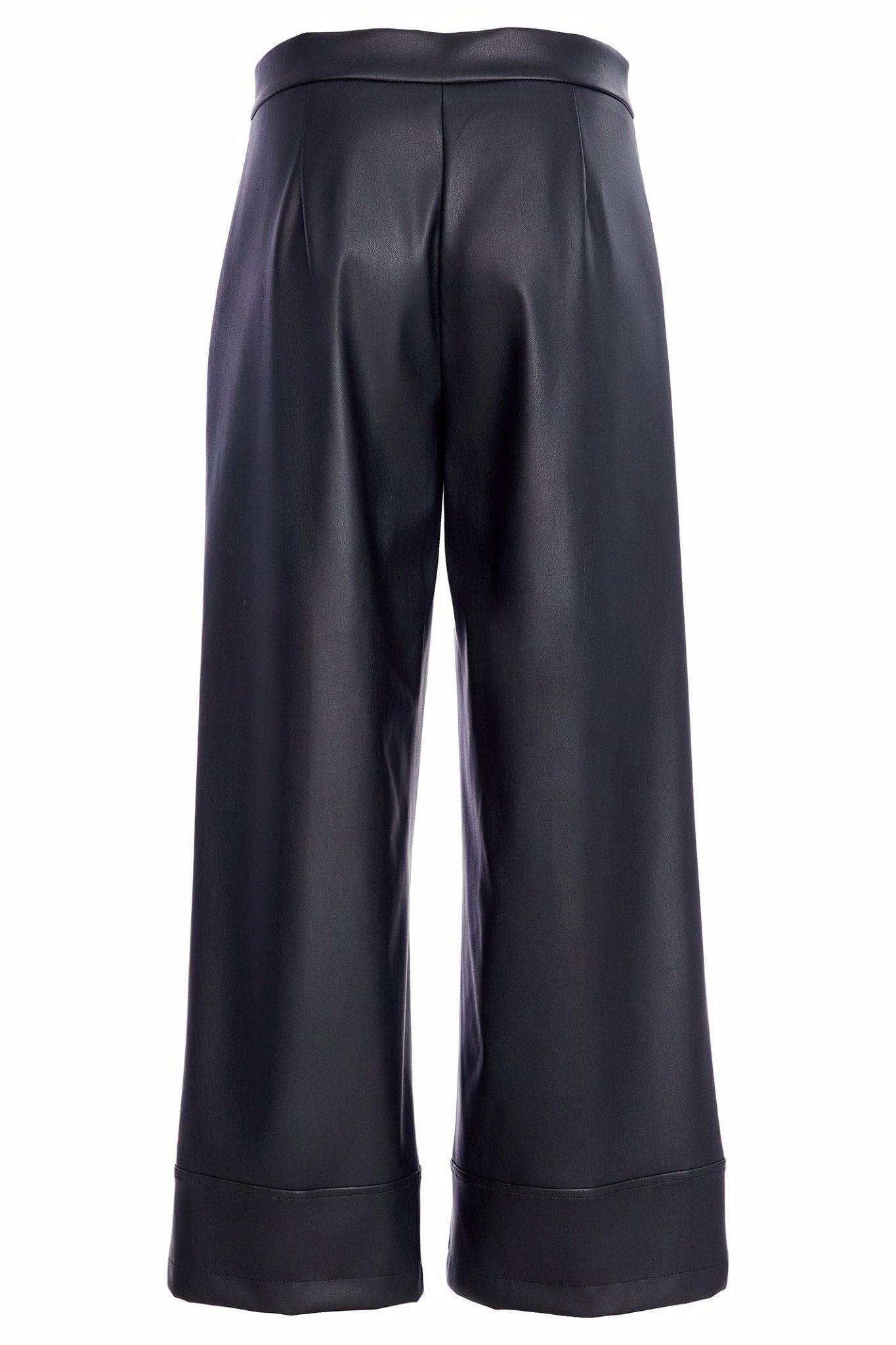Black faux leather wide-leg pants on a white background