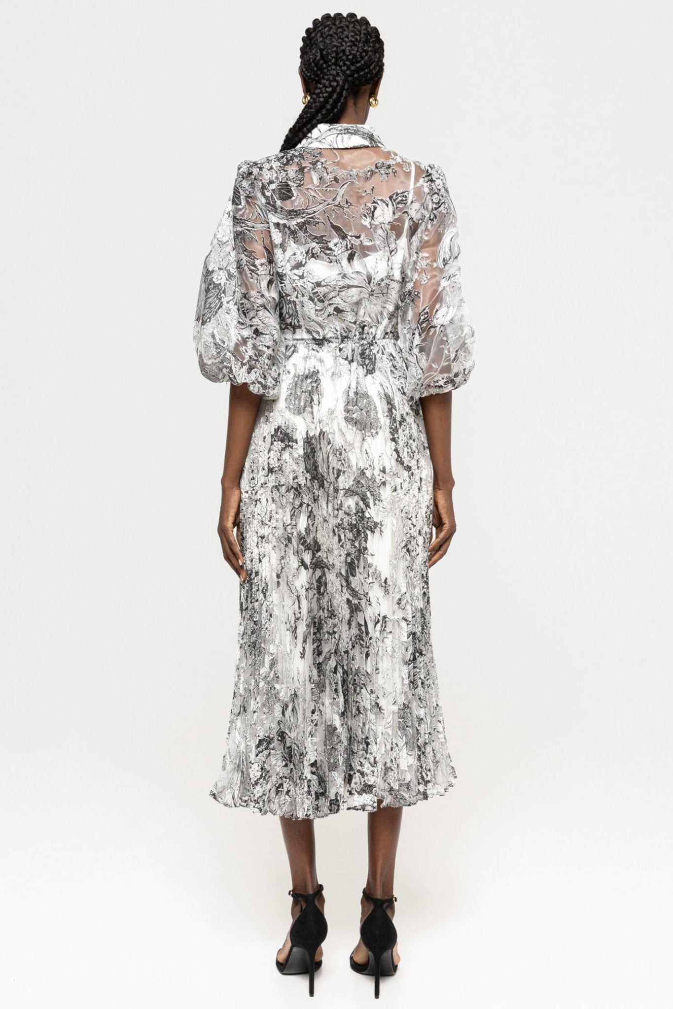 Nissa RC14862 White Floral Print Puff Sleeve Organza Dress - Dotique