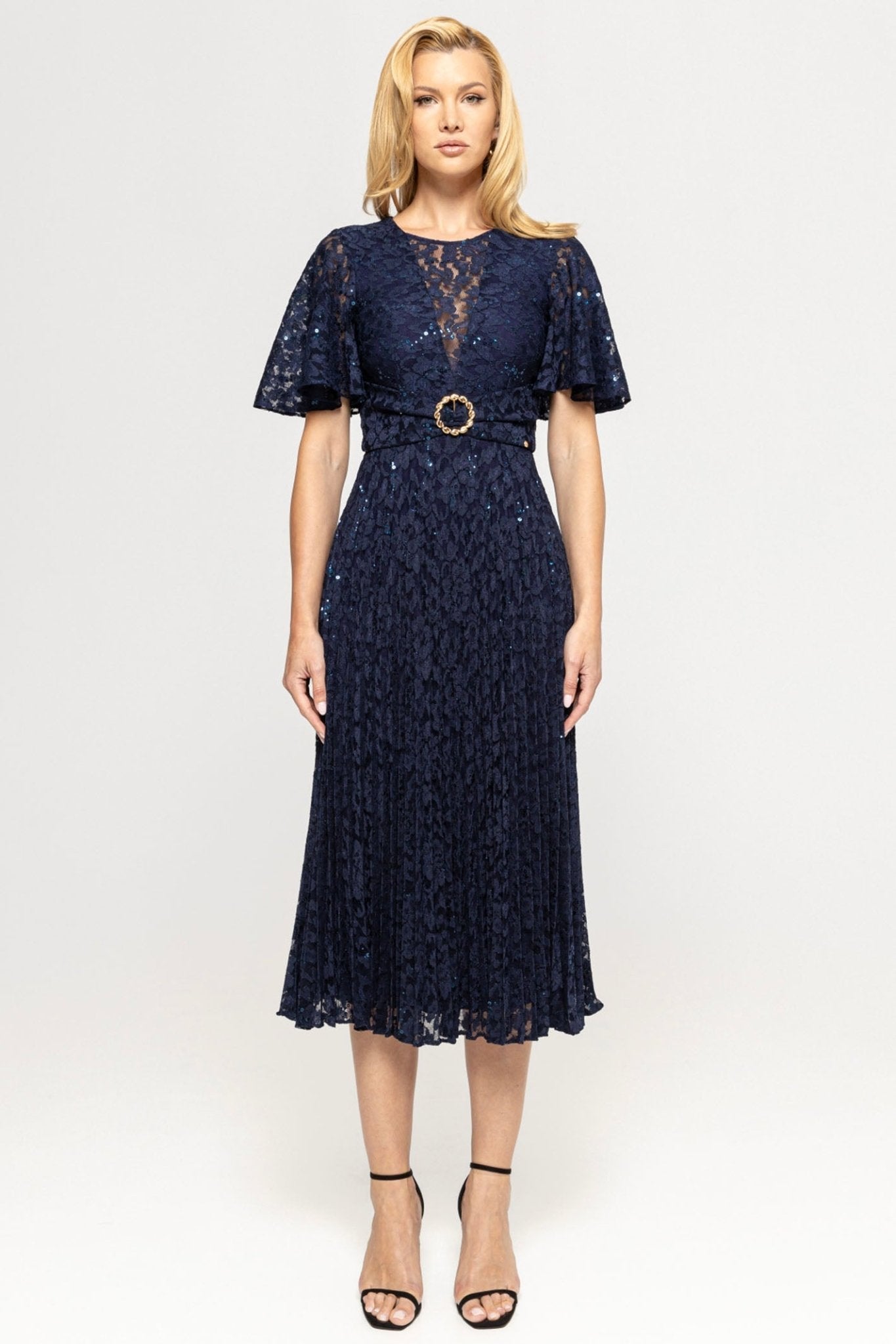 Nissa RS14932 Navy Sequined Lace Short Sleeve Pleated Midi Dress Dotique Nissa RS14932 Navy Sequined Lace Short Sleeve Pleated Midi Dress Dotique