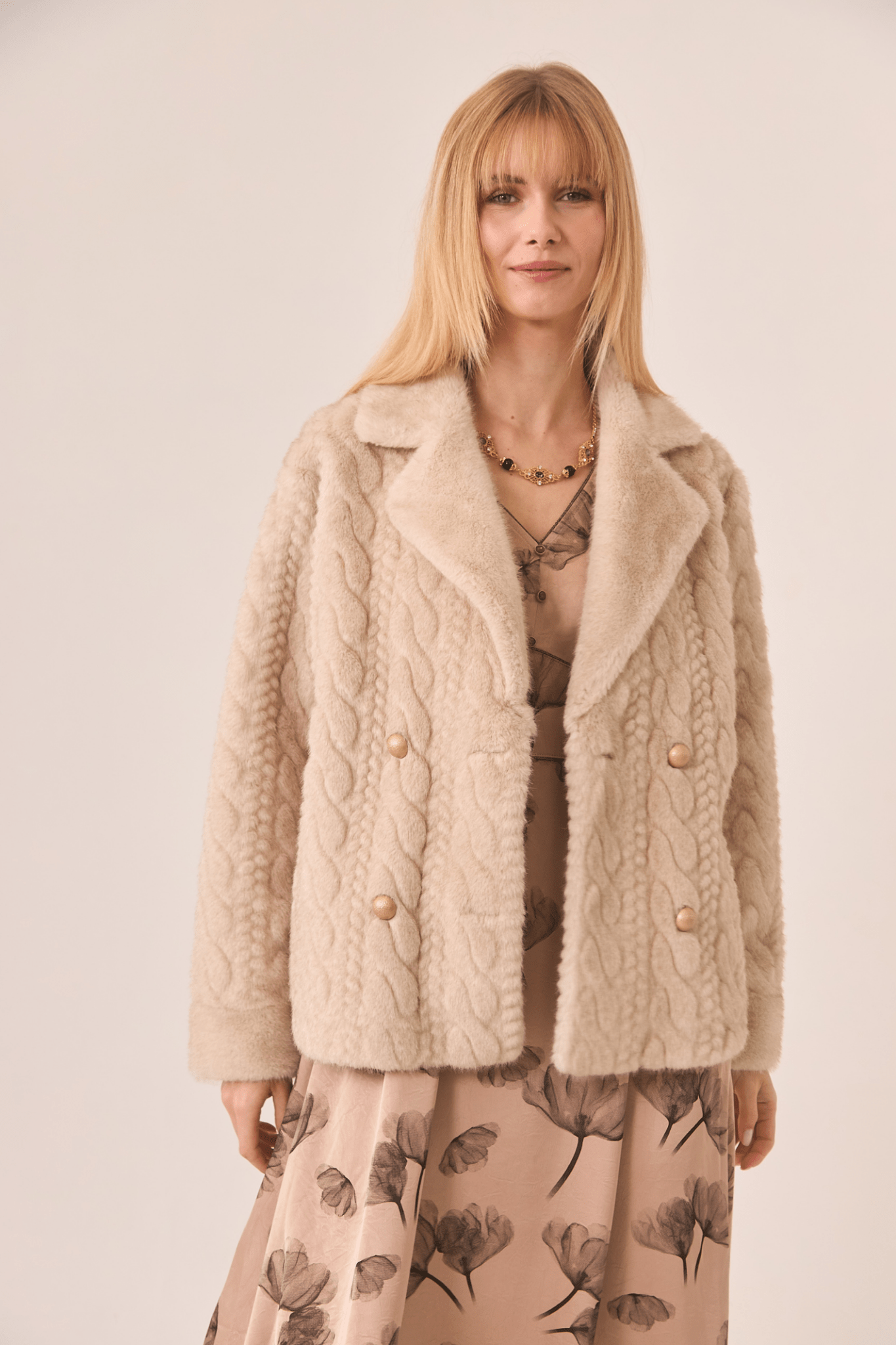 Dotique ivory NKN Nekane short coat with braided faux fur and flap detail