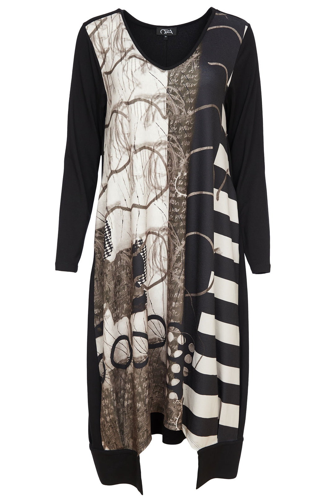 Ora 120 Black Stripe Print Long Sleeve Dress