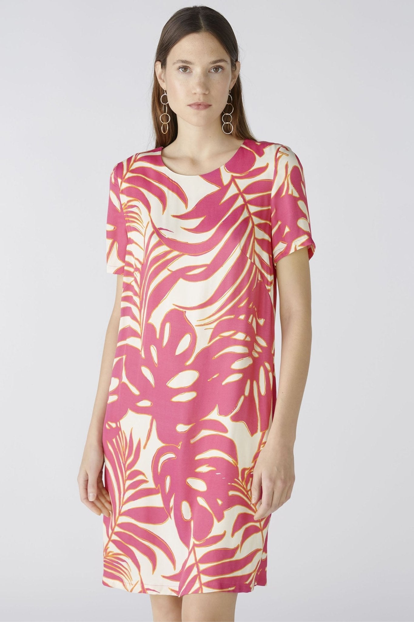 Oui 86713 Pink White Tropical Leaf Print Dress - Dotique