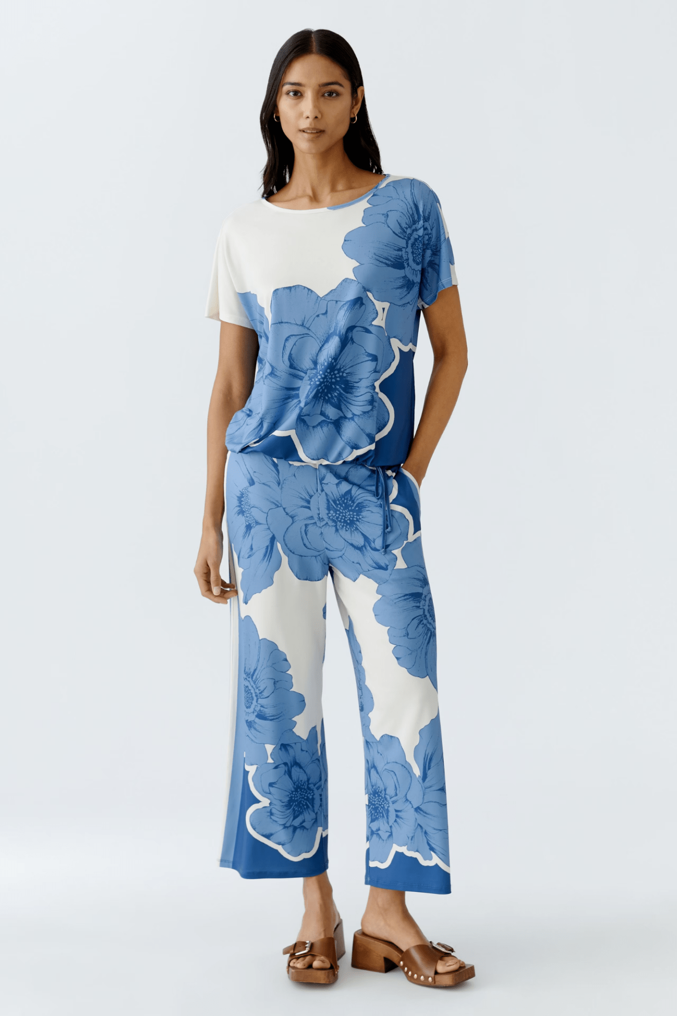 Oui 93013 Blue & White Floral Culotte Trousers - Dotique
