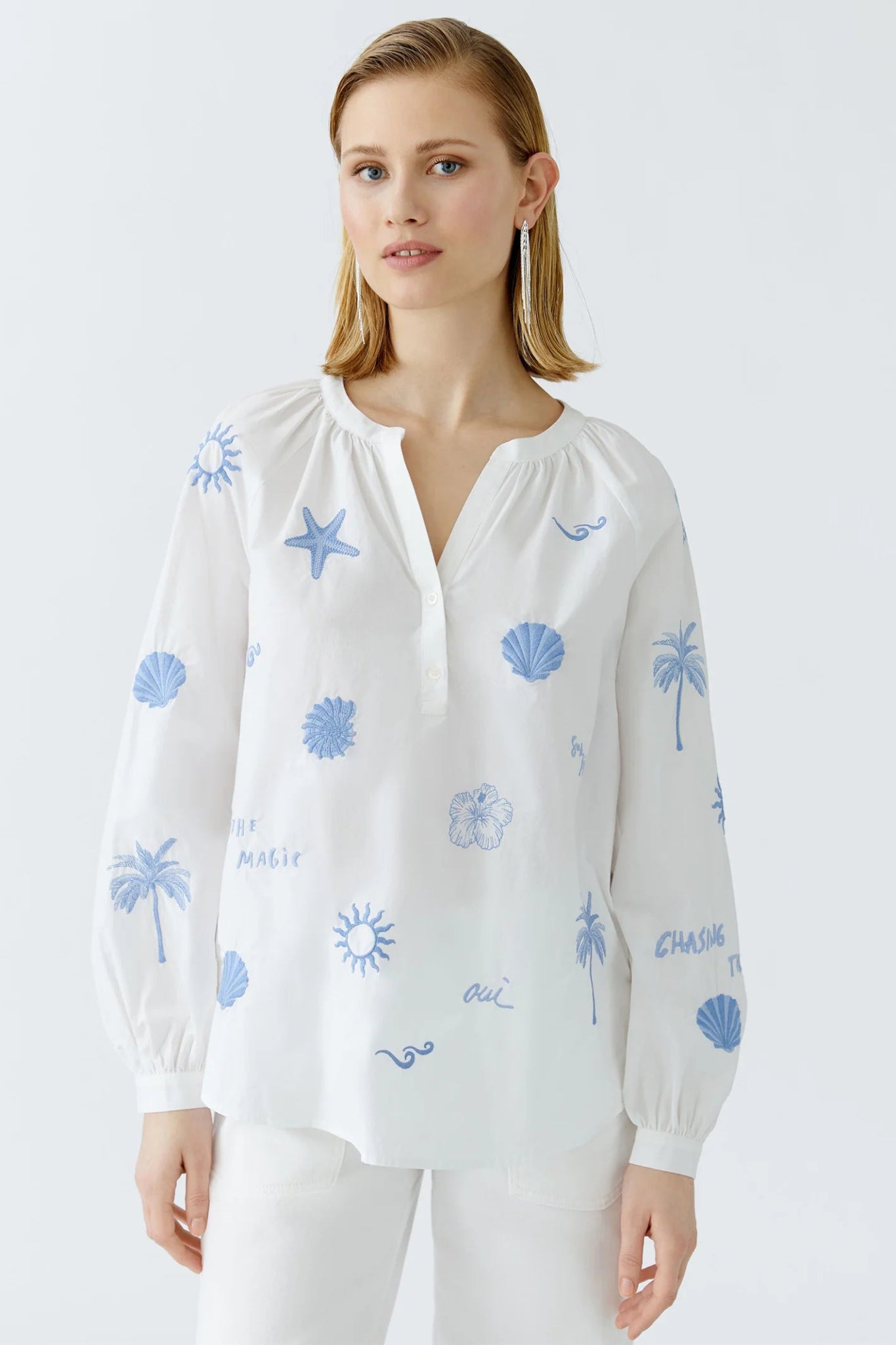 Oui 93211 Optic White Embroidered Cotton Tunic - Dotique