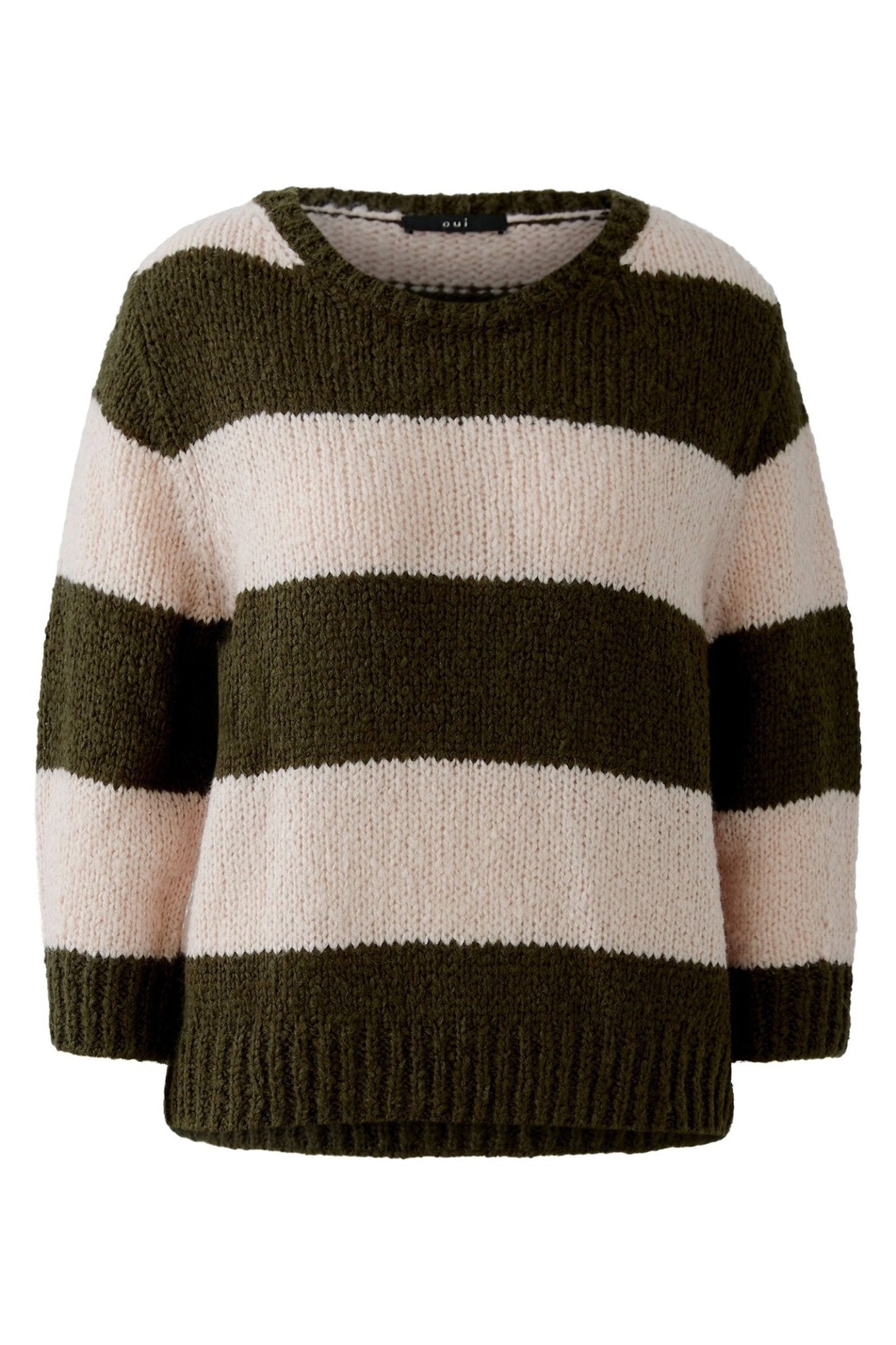 Striped sweater with kheki and pink colors on a white background