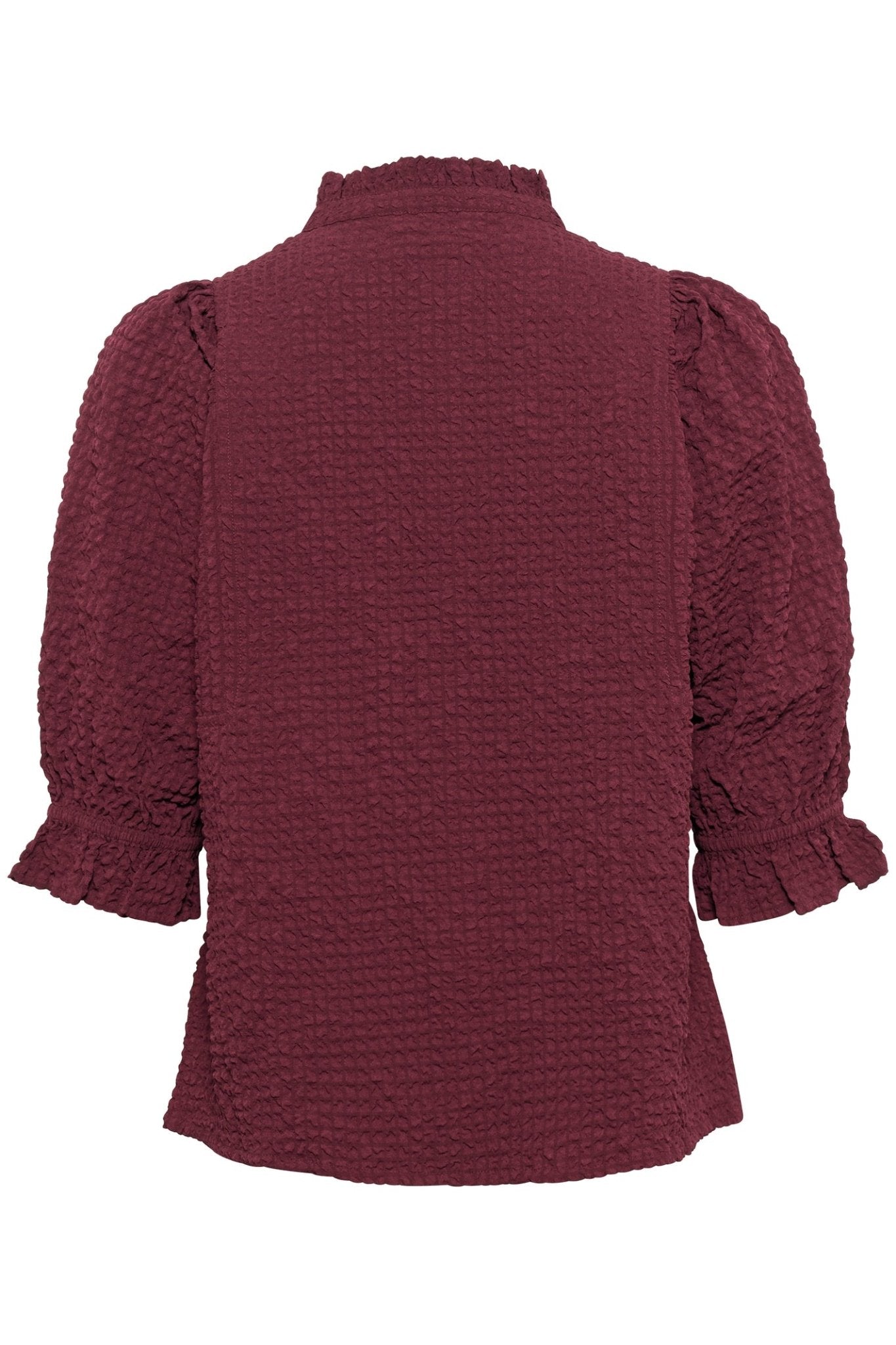 Part Two ToniPW blouse in tawny port with textured fabric and 3/4 sleeves, available at Dotique