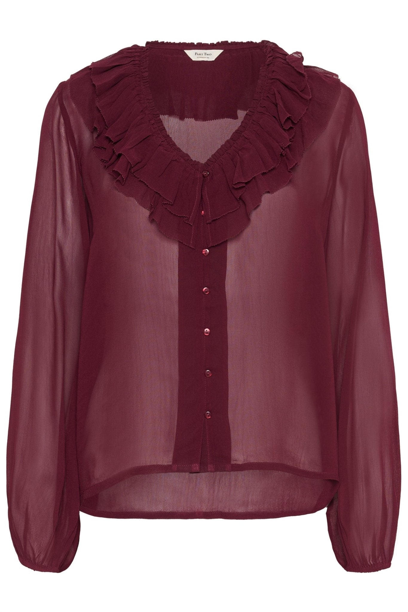 Part Two SanazPW blouse in tawny port with ruffle v-neckline and button front, available at Dotique