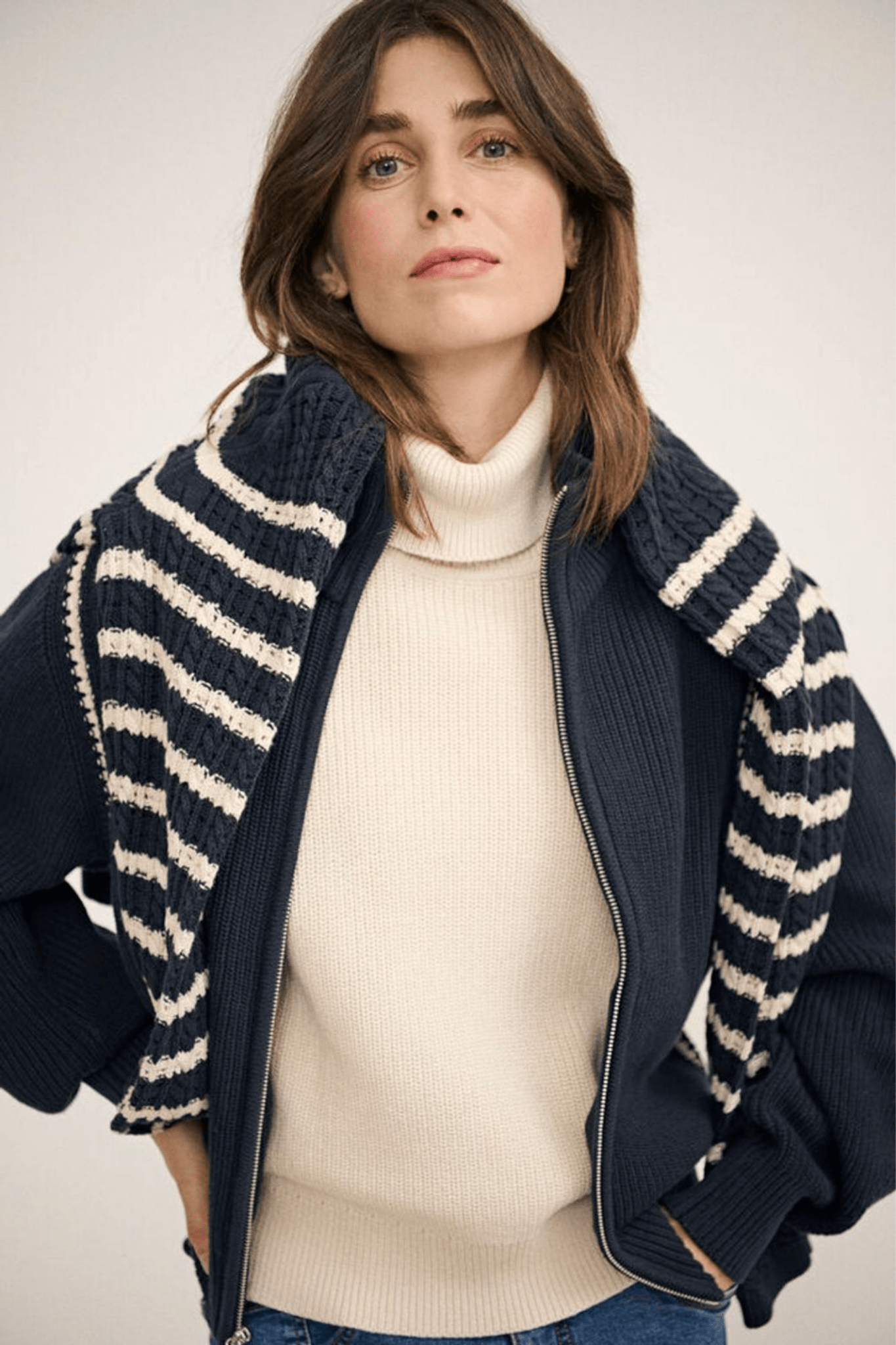 Part Two SellaPW cotton waistcoat in whitecap gray with dark navy stitch detail, available at Dotique