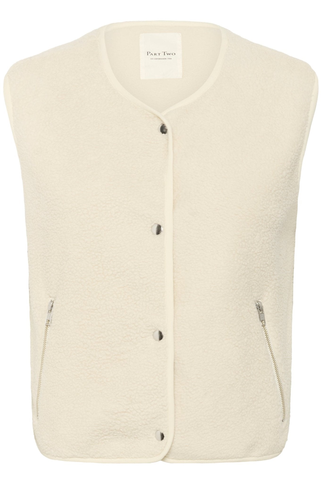 Part Two SignyPW WA Waistcoat in oatmeal – fleece teddy gilet with zip pockets and button closure, available at Dotique