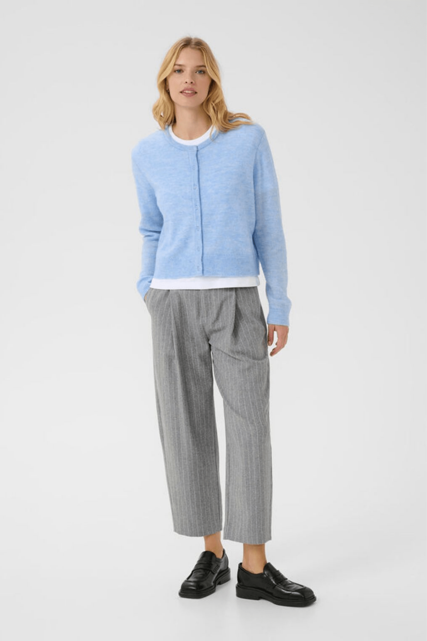 Part Two LinikaPW cardigan in vista blue with button front, available at Dotique