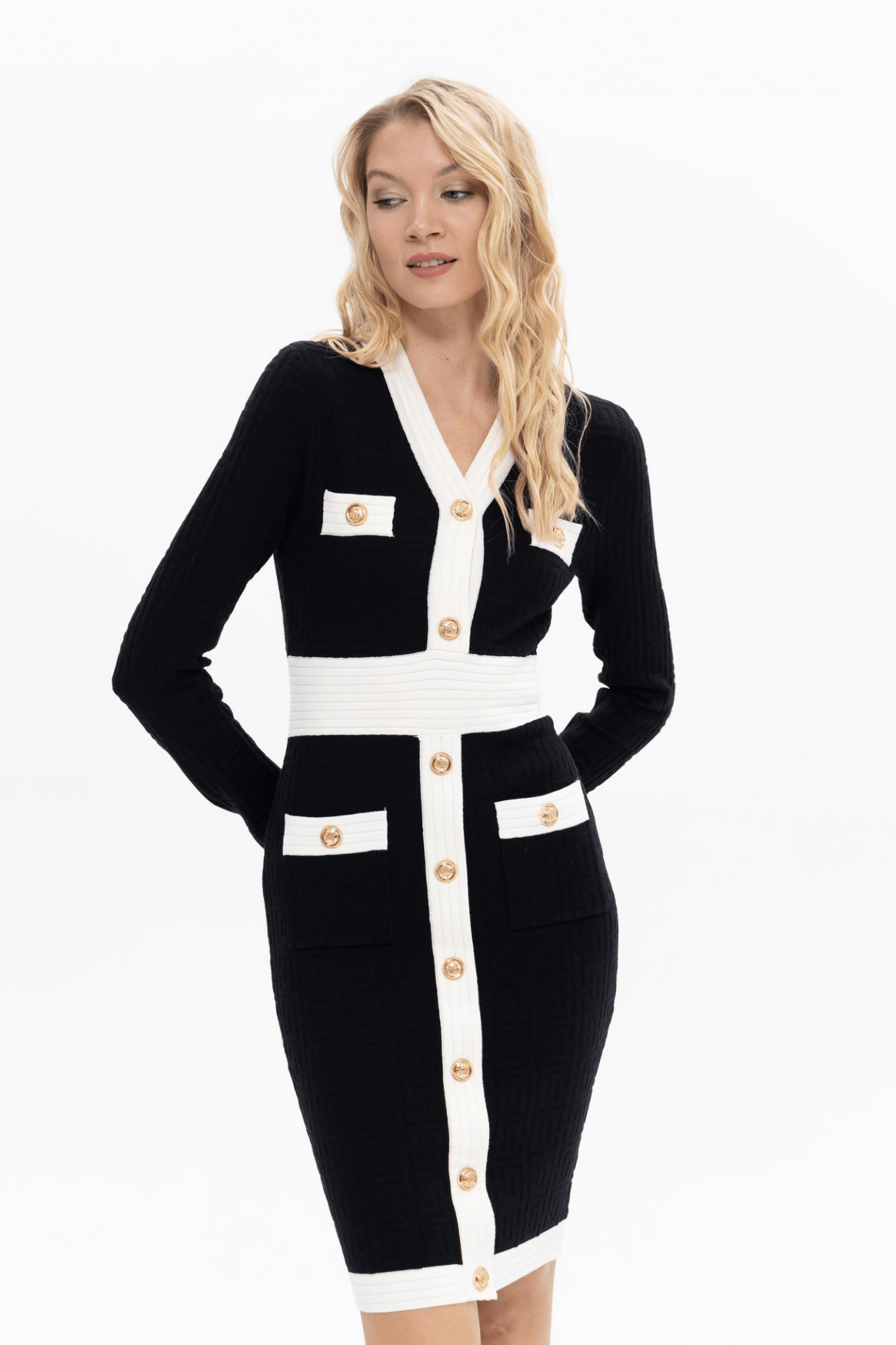 Passioni 18076 Black Dress with White Panelling and Gold Buttons. Available at Dotique