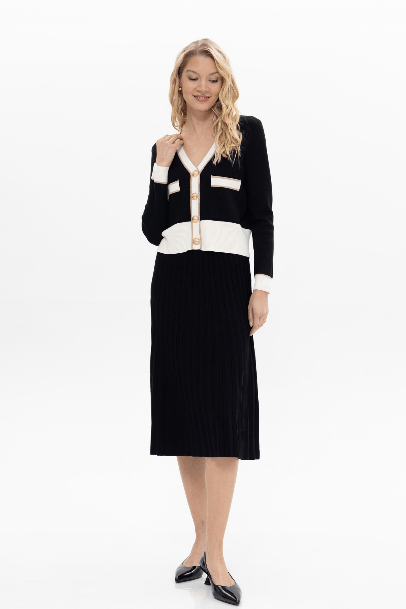 Passioni 18081 Black Cardigan with White Detail and Gold Buttons