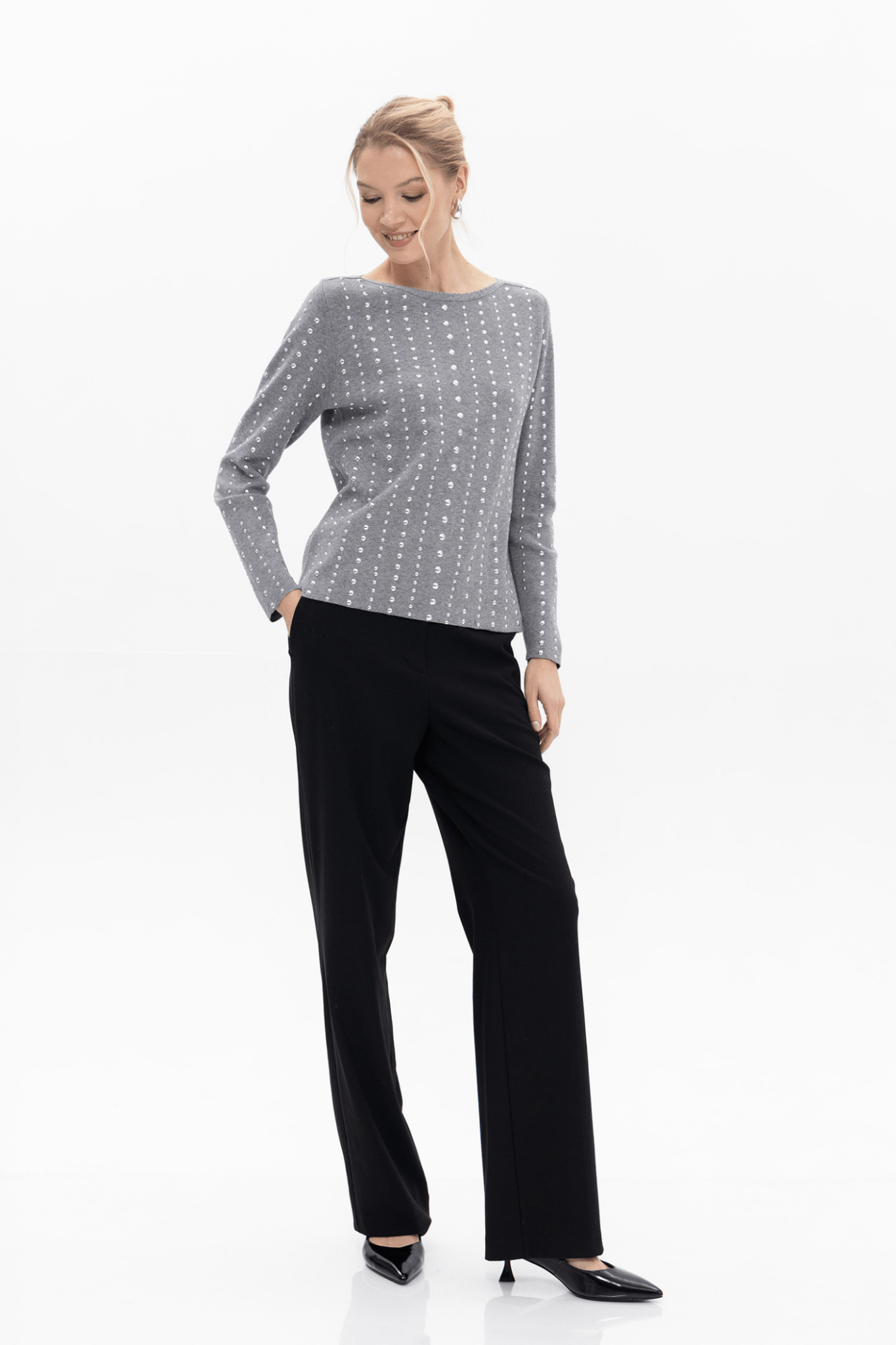 Passioni 18120 Grey Jumper. Featuring a soft grey knit with delicate vertical rows of crystal embellishment, this jumper combines cosy comfort with understated glamour.