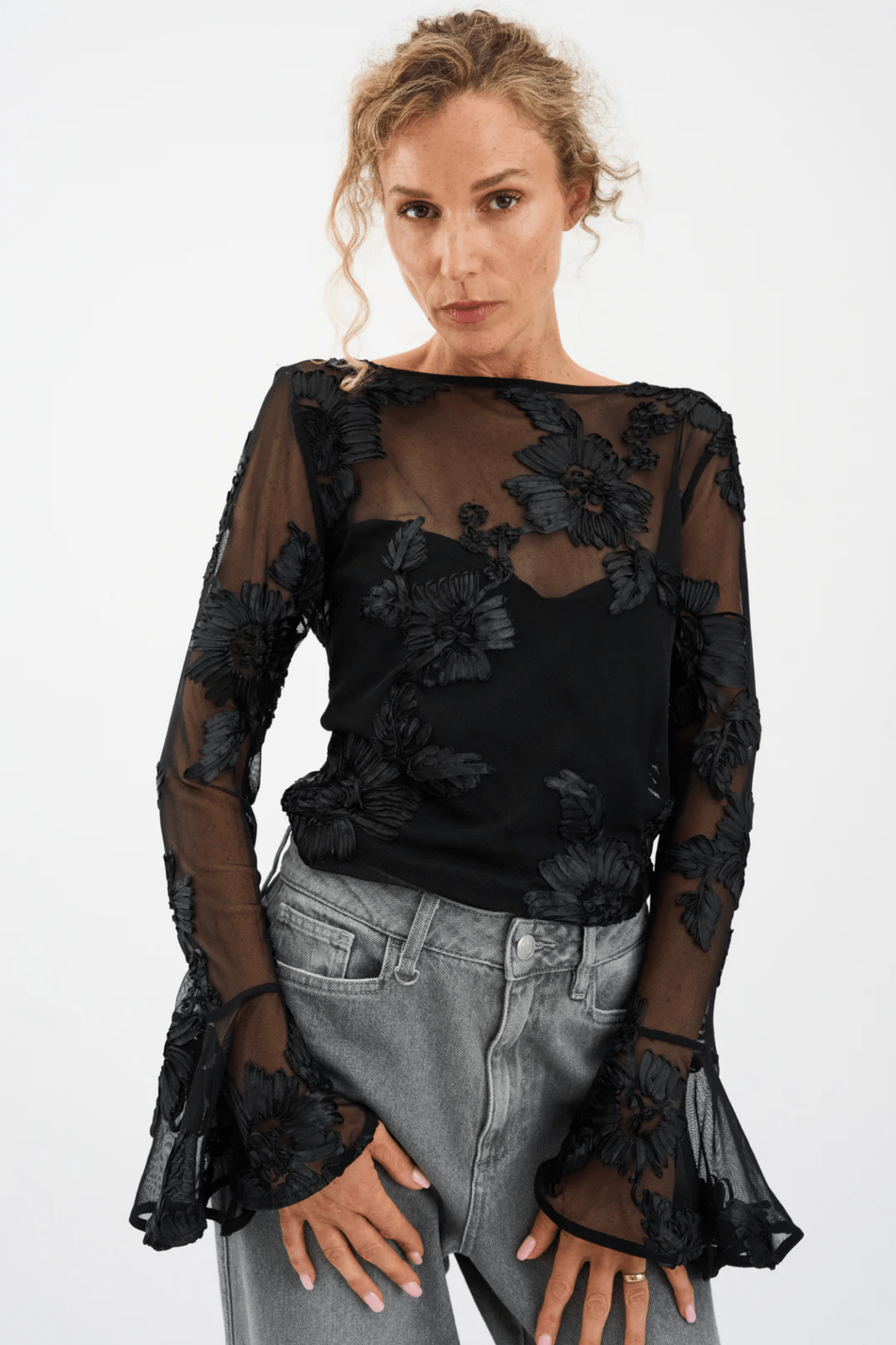 Pieszak J235163 PD - Melia Flounce Sleeve Mesh Blouse Black - Dotique - Pieszak